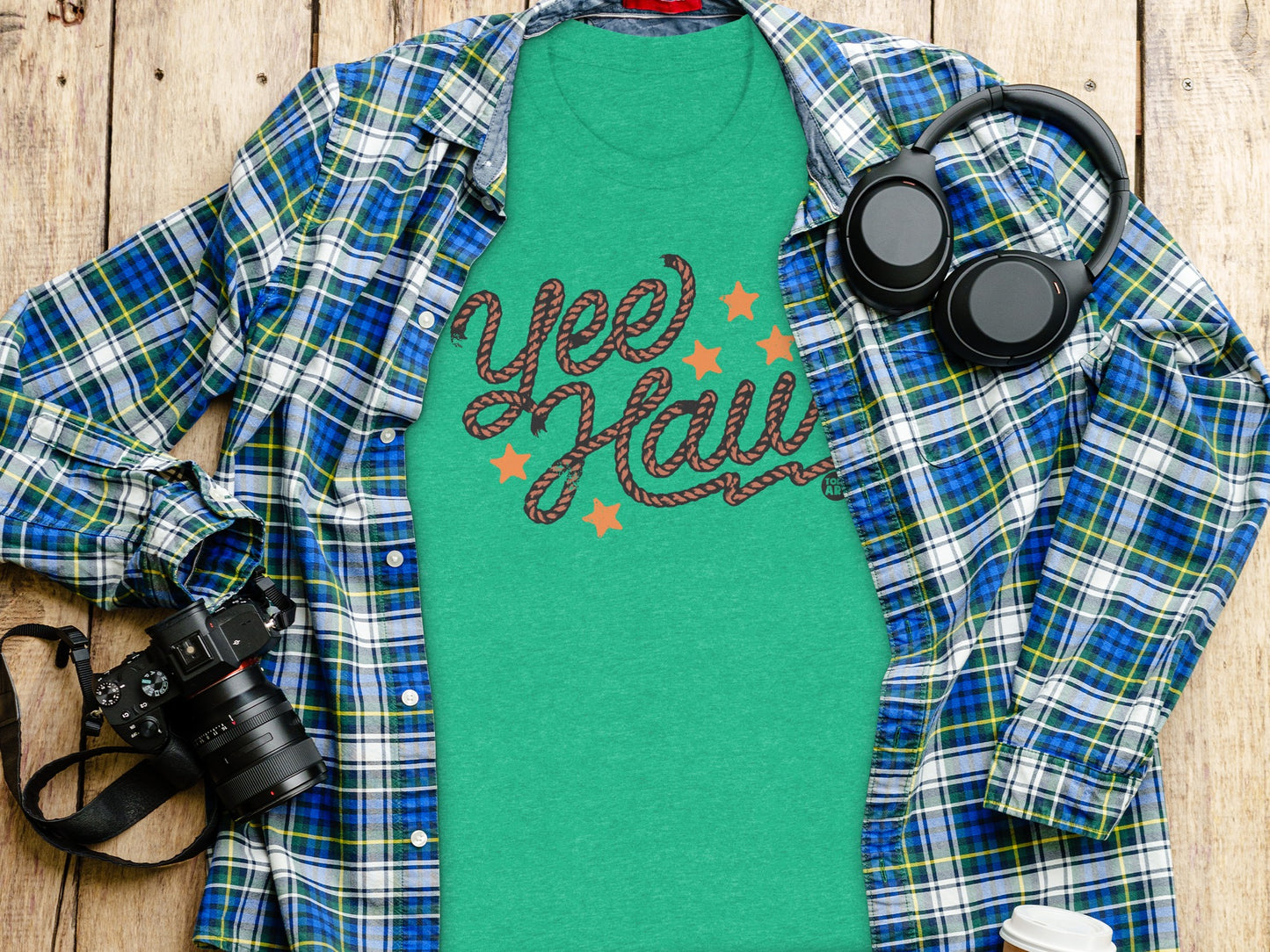 Yee Haw Graphic Tee with Blue Plaid Shirt Set