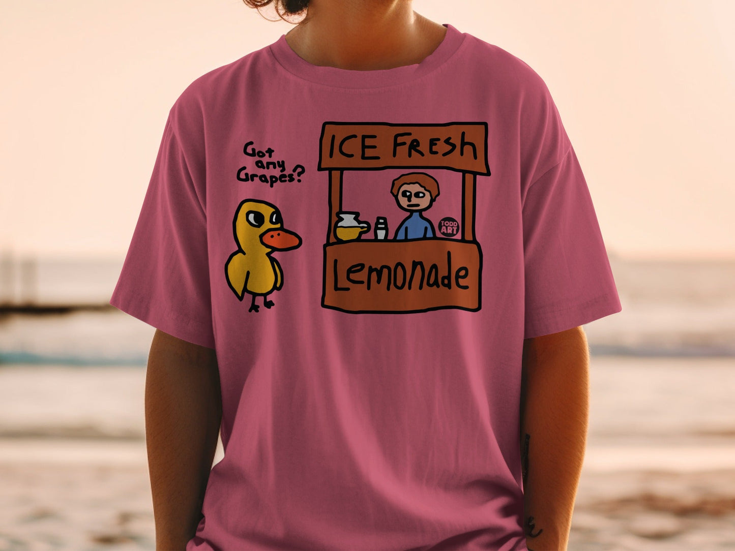 Duck and boy at lemonade stand with "Got any Grapes?" text.
