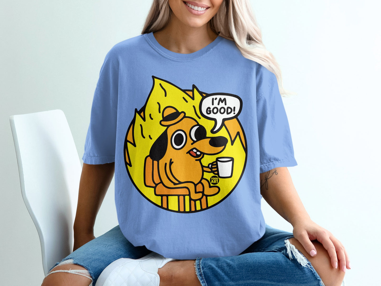 Cute Dog in Fire Saying I'm Good Graphic T-Shirt