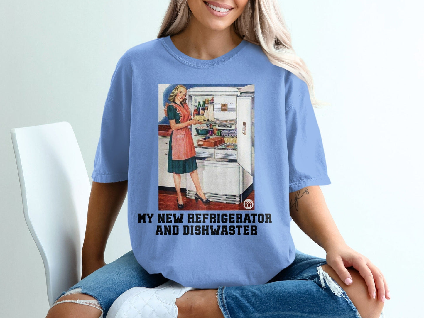 Woman in apron looking into a retro refrigerator with text "MY NEW REFRIGERATOR AND DISHWASHER".