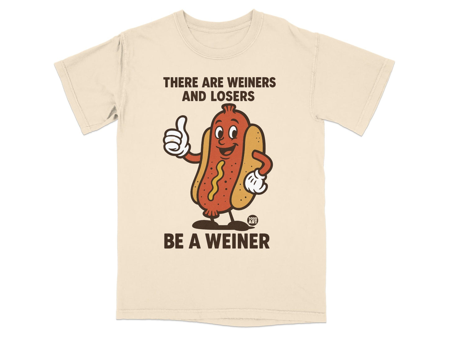 T-shirt with a cartoon hot dog giving a thumbs up and text.