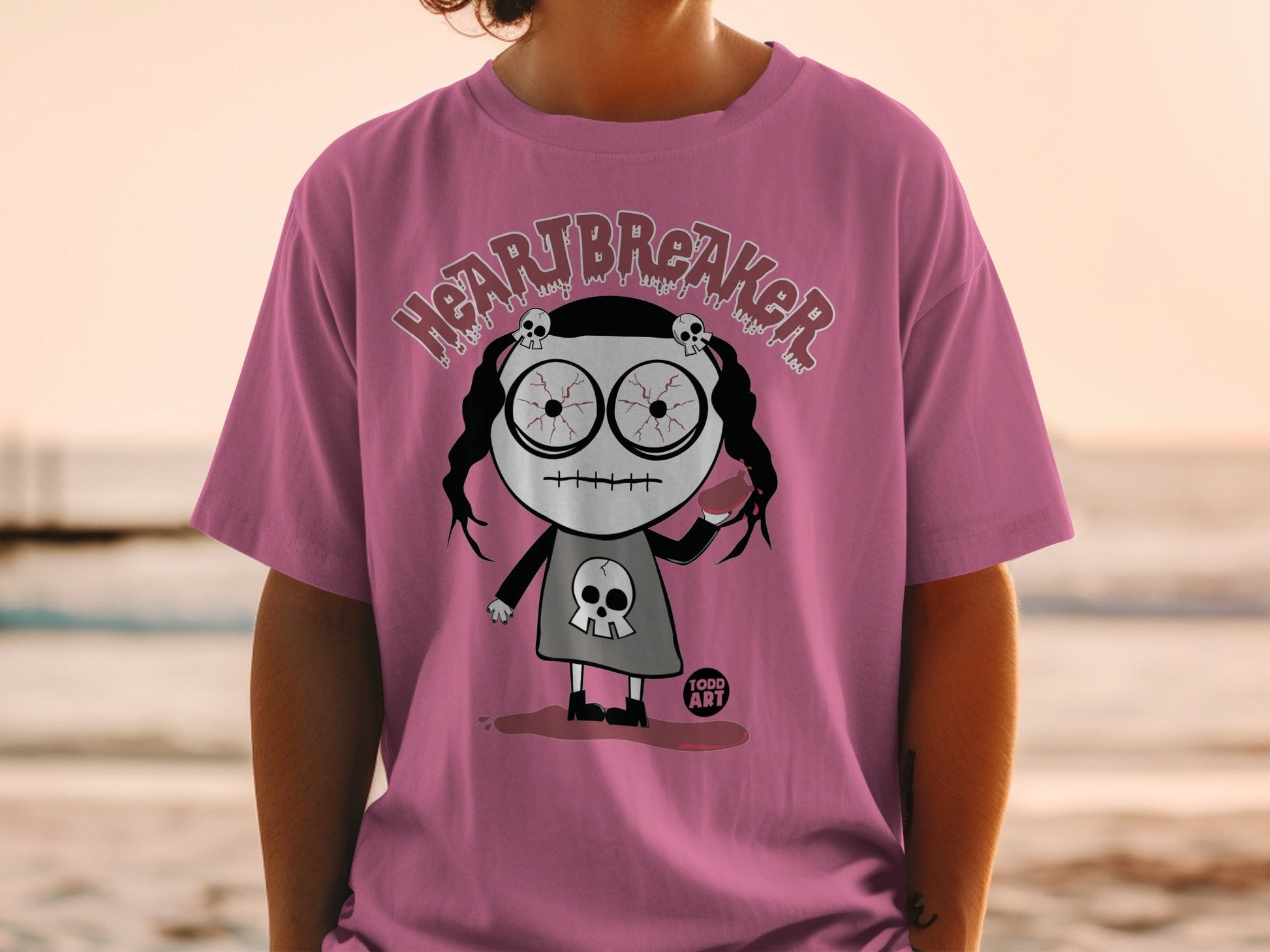 Pink Heartbreaker Cartoon Skull Print T-shirt