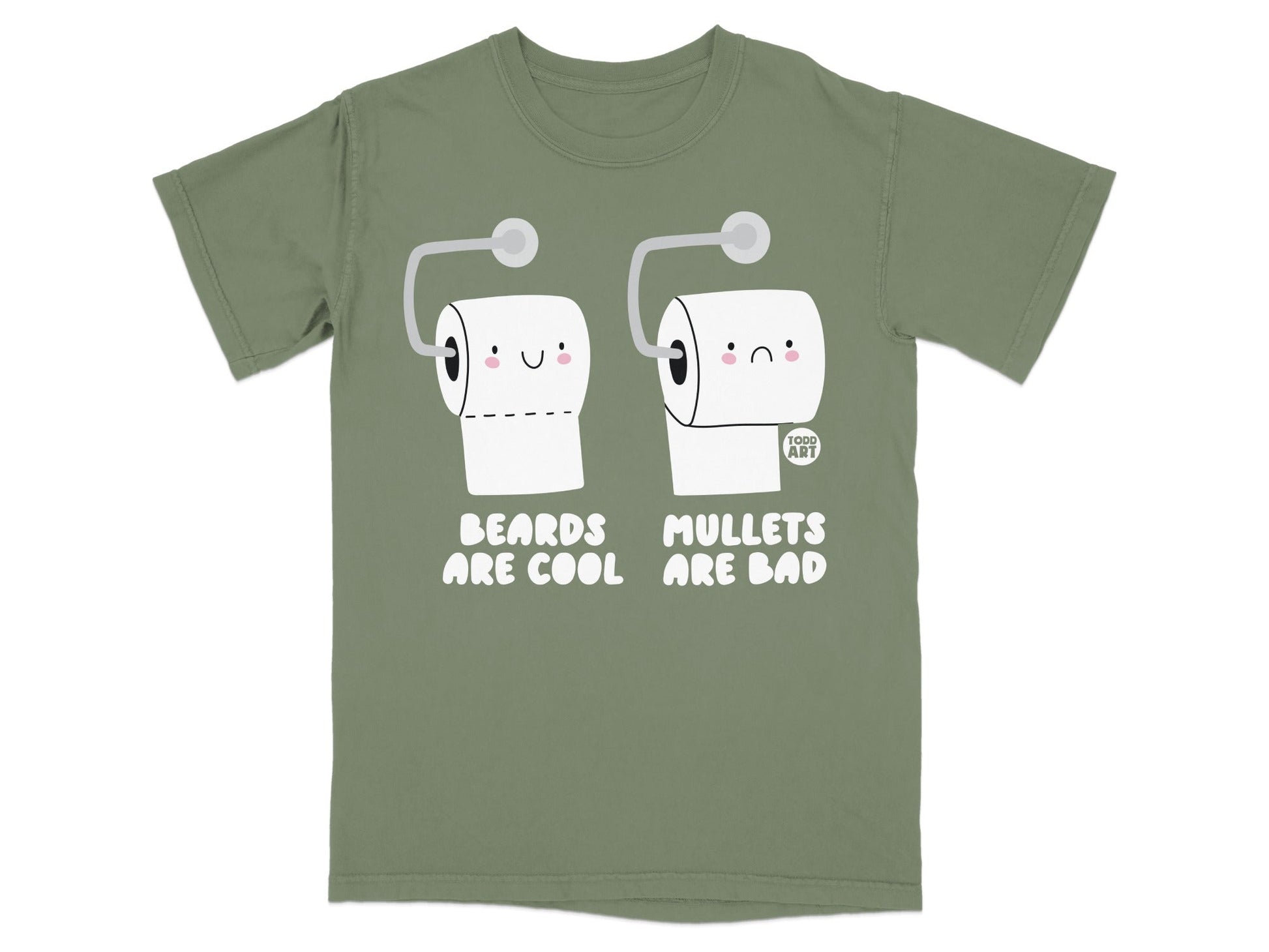 Green t-shirt with two toilet paper rolls, one happy, one sad.