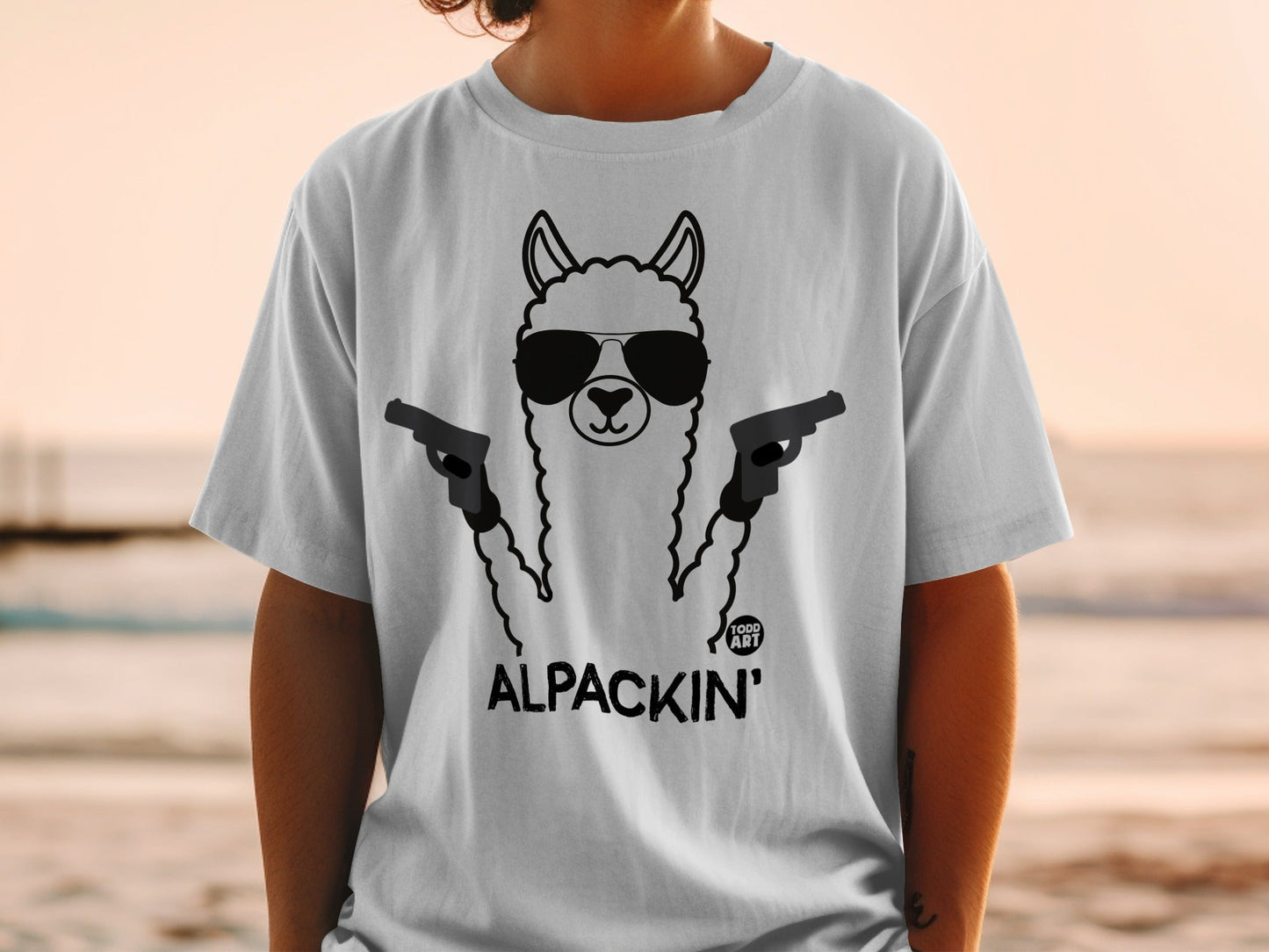 Funny Alpaca with Sunglasses and Guns Graphic T-Shirt