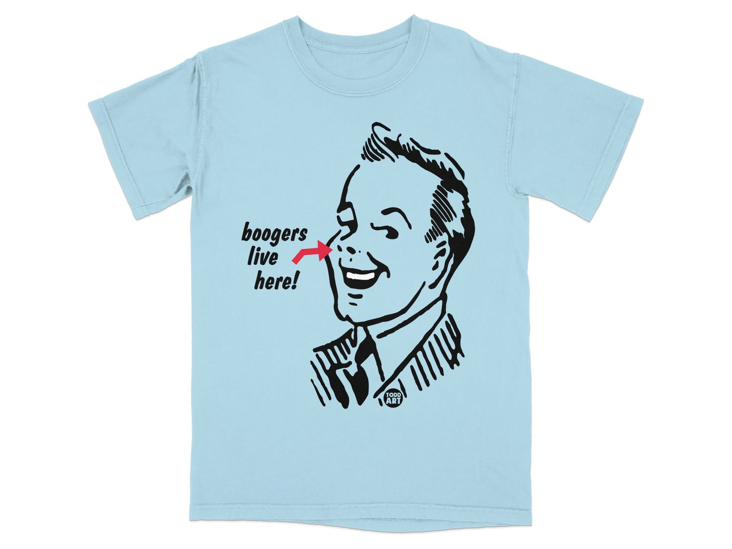 Light blue t-shirt with black line drawing of a smiling man pointing to his nose.