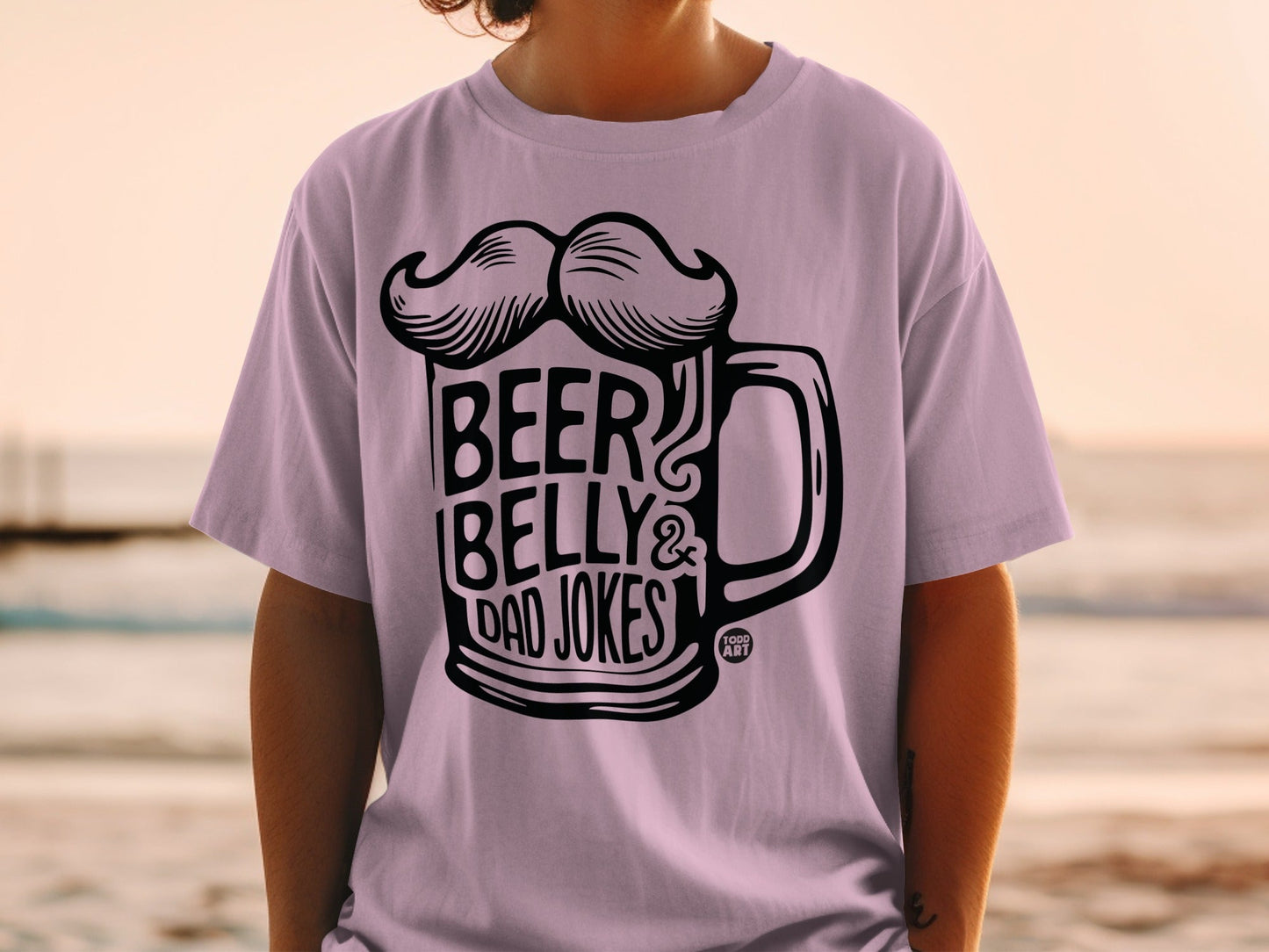 T-shirt with "BEER BELLY & DAD JOKES" and mustache graphic.