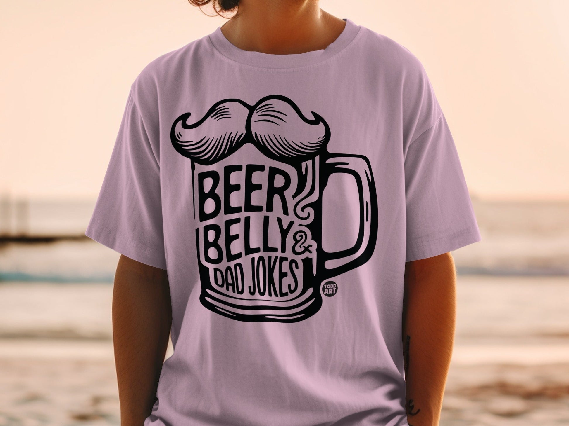 T-shirt with "BEER BELLY & DAD JOKES" and mustache graphic.