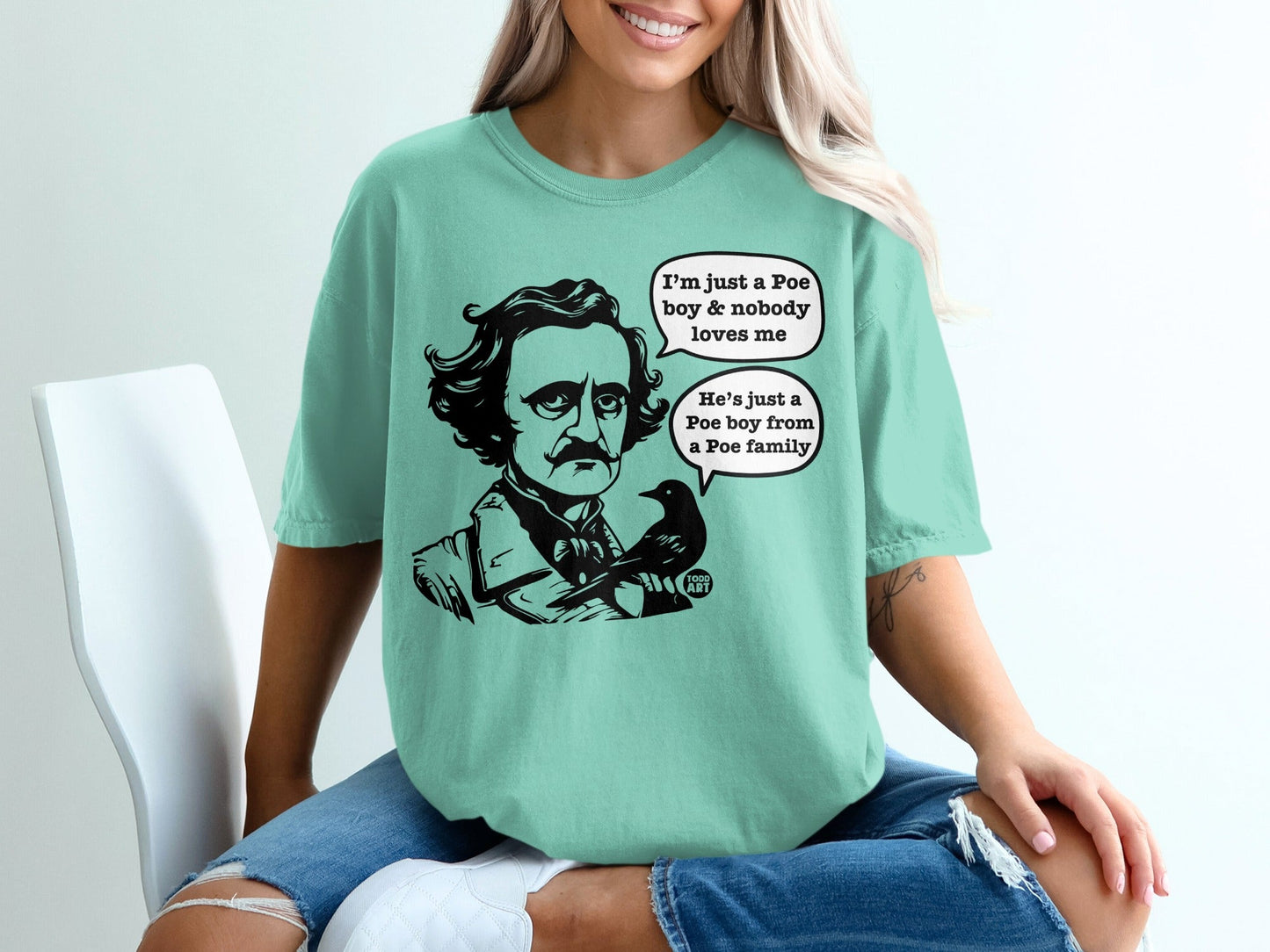 T-shirt with Edgar Allan Poe illustration and humorous dialogue bubbles.