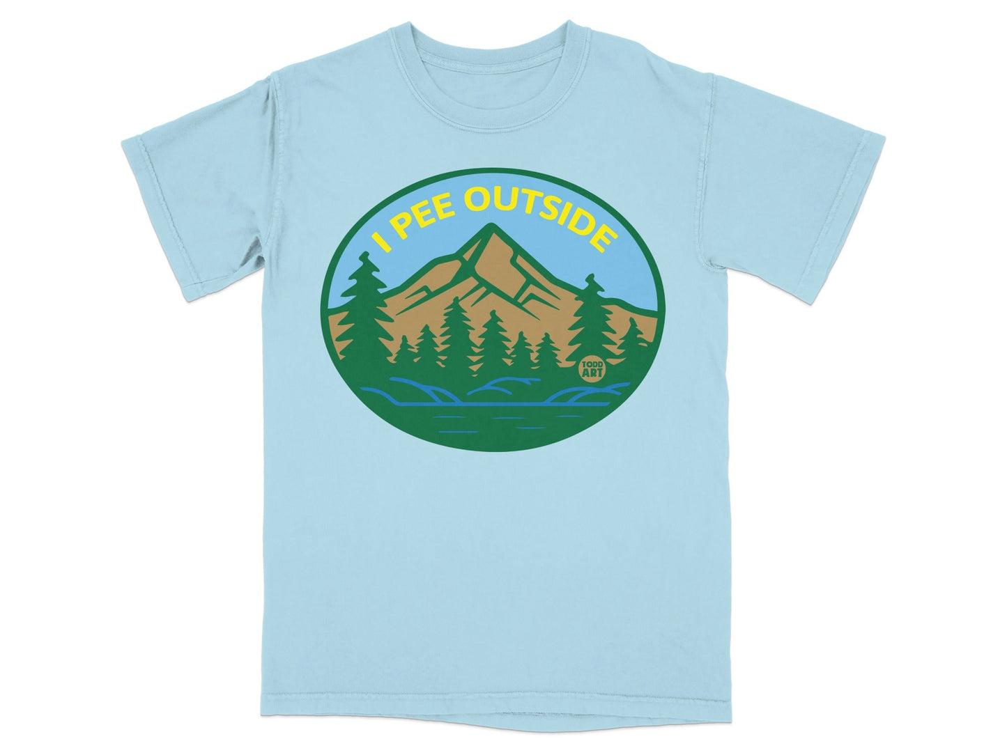 Light blue t-shirt featuring a round graphic of a mountain landscape with "I Pee Outside" text.