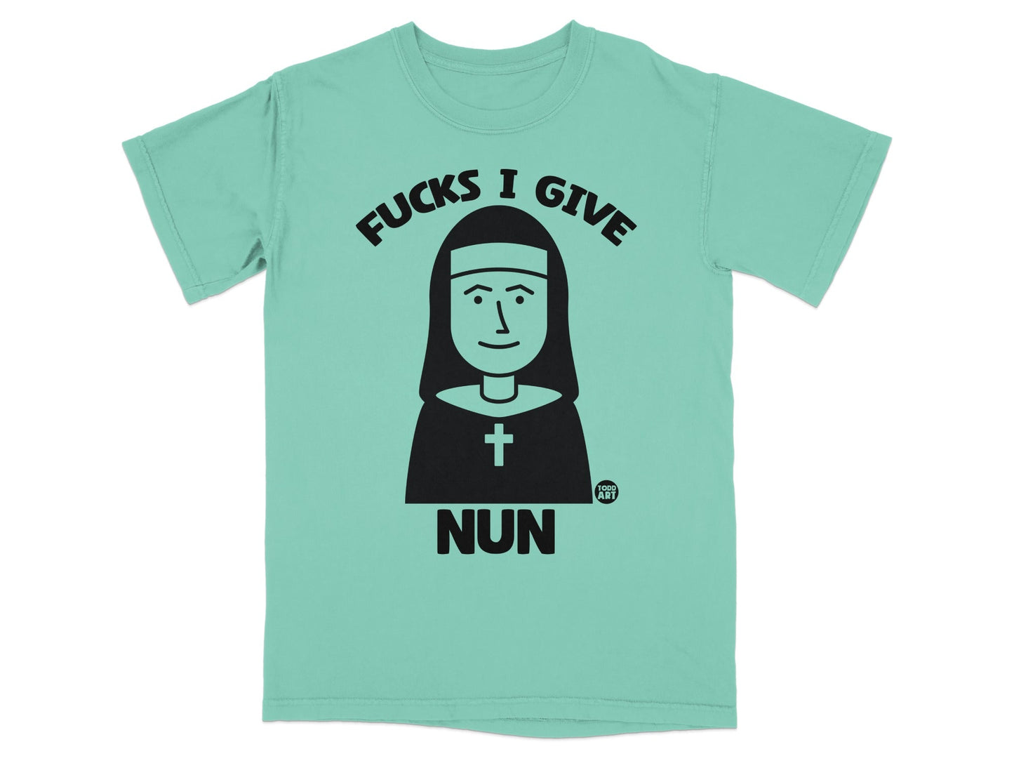 T-shirt with "Fucks I Give" text and cartoon nun illustration.