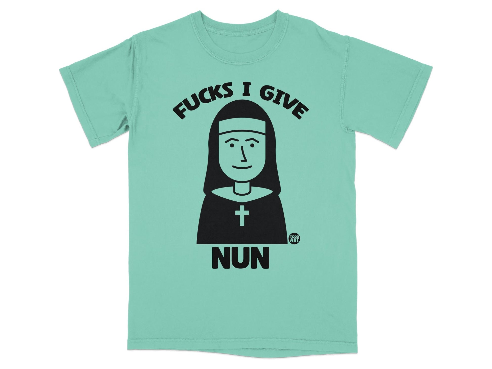 T-shirt with "Fucks I Give" text and cartoon nun illustration.