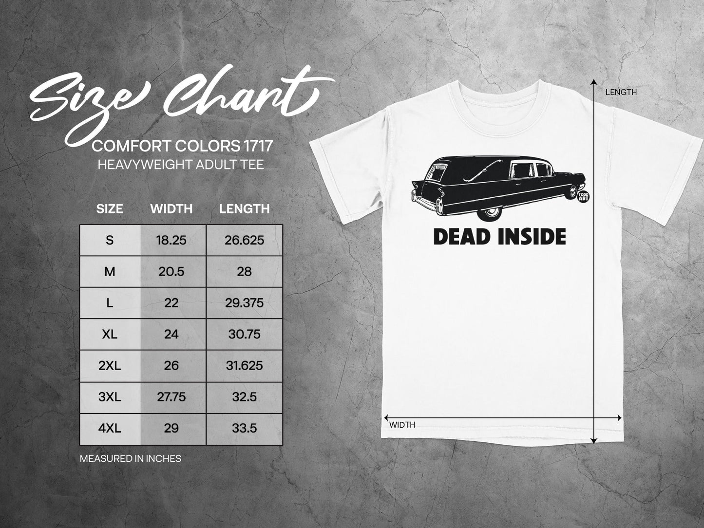 Comfort Colors 1717 heavyweight adult tee size chart showing width and length in inches.