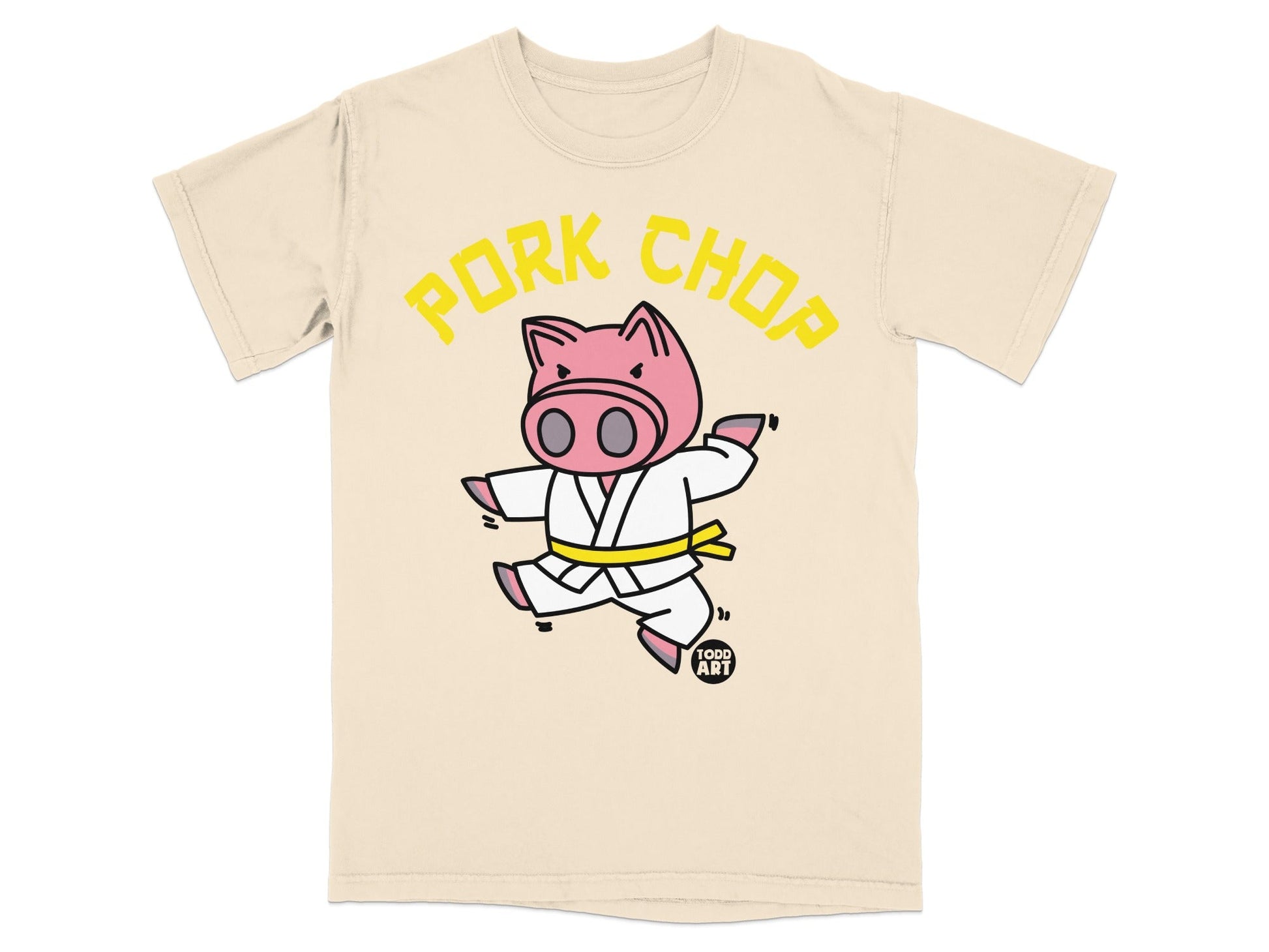 Cartoon pig in a karate gi with "PORK CHOP" text.