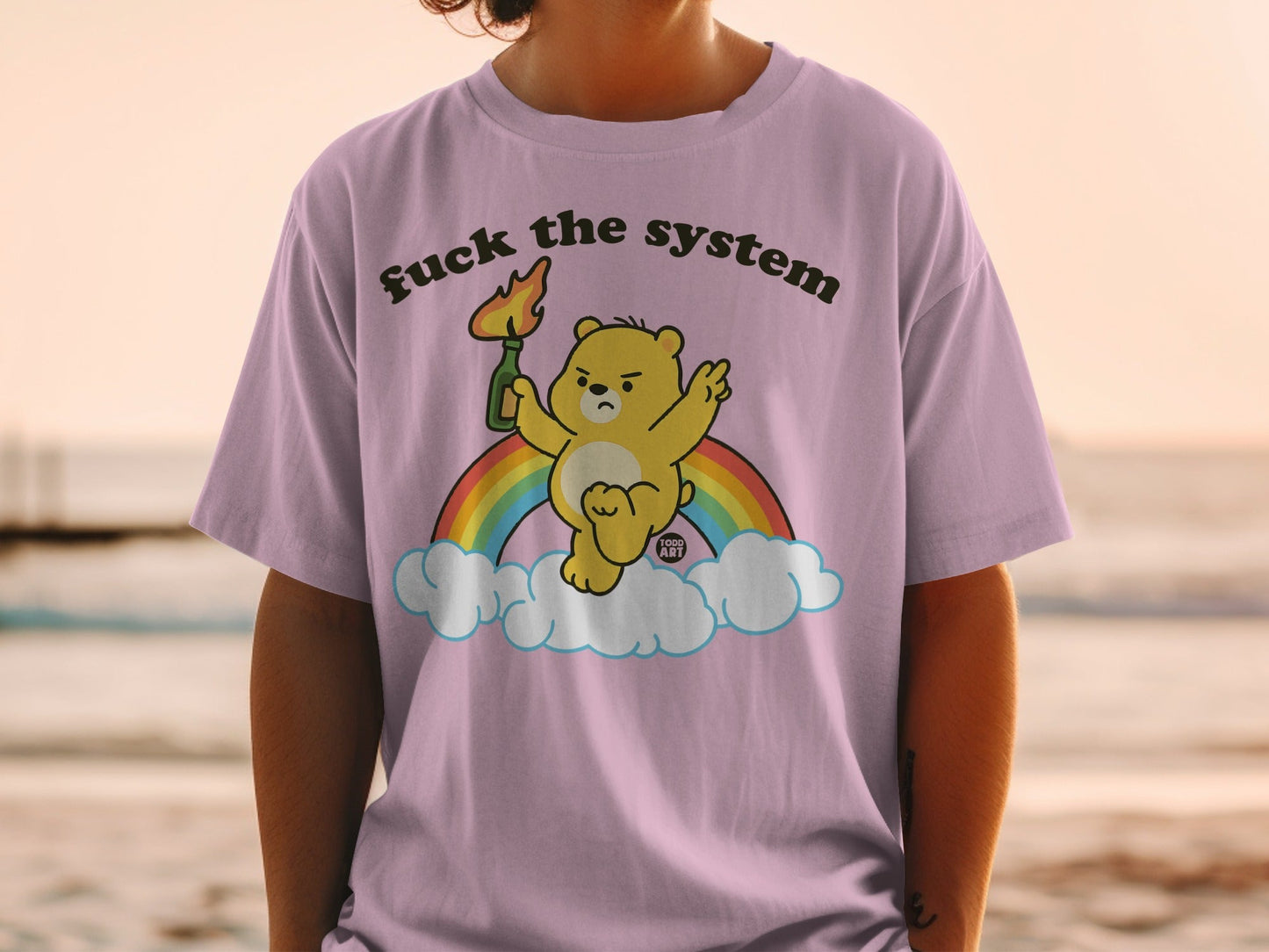 Fuck the System Angry Bear Rainbow T-Shirt