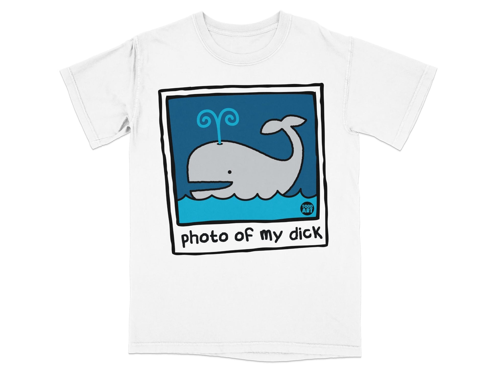 Cartoon whale blowing water on a t-shirt that reads "photo of my dick."