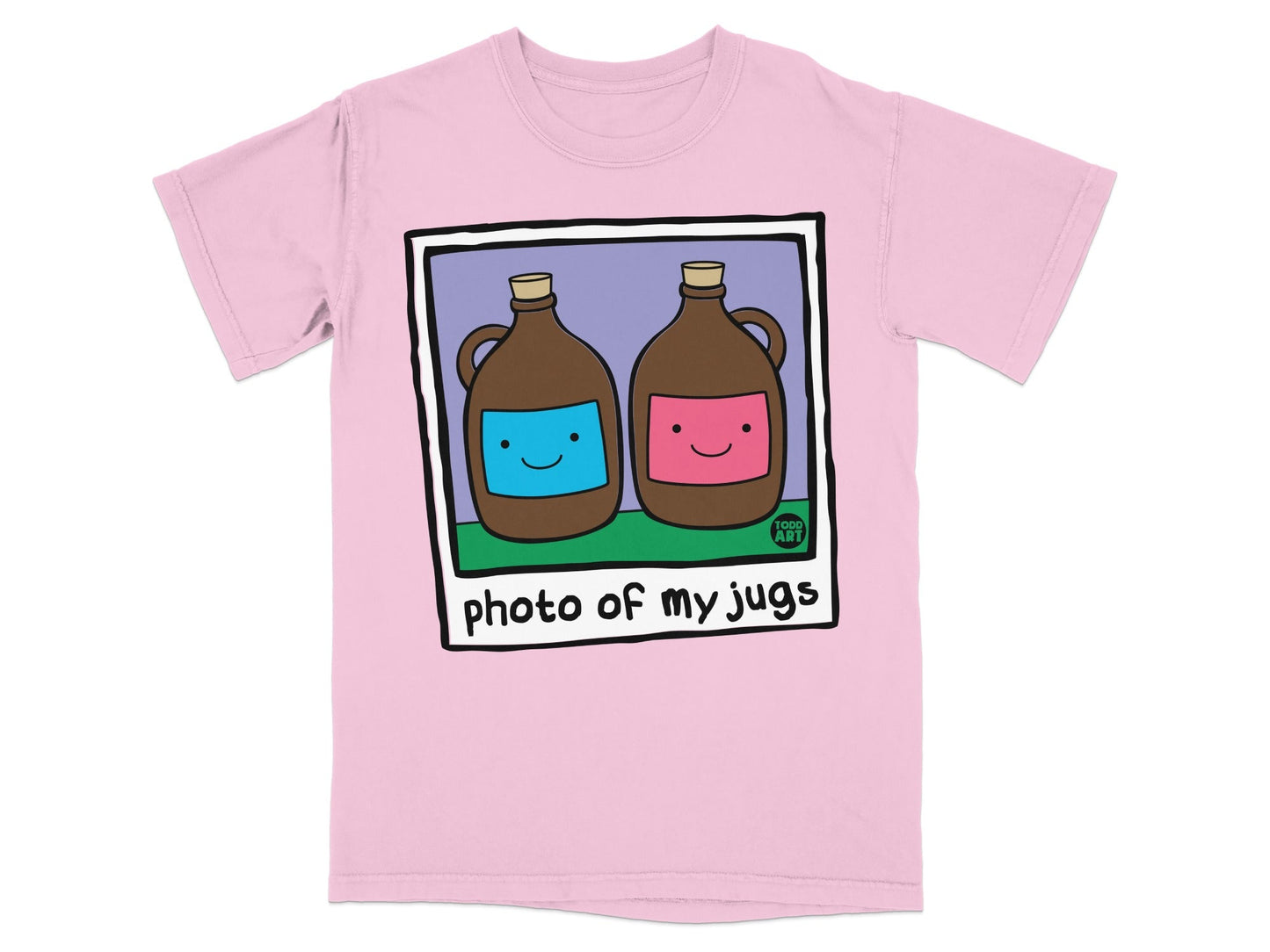 Pink t-shirt with cartoon jugs labeled "photo of my jugs."