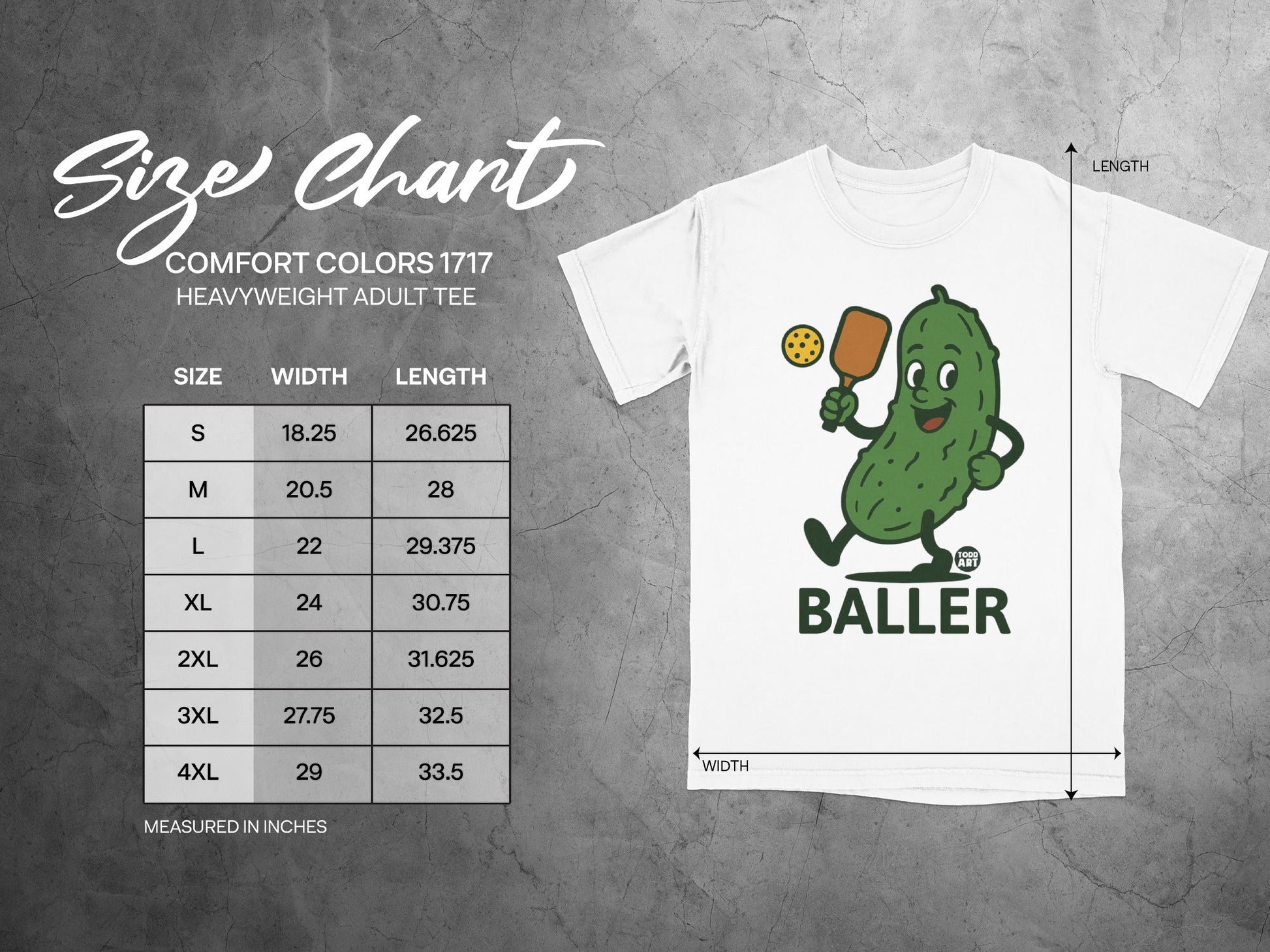 Comfort Colors 1717 heavyweight adult tee size chart with measurements in inches.