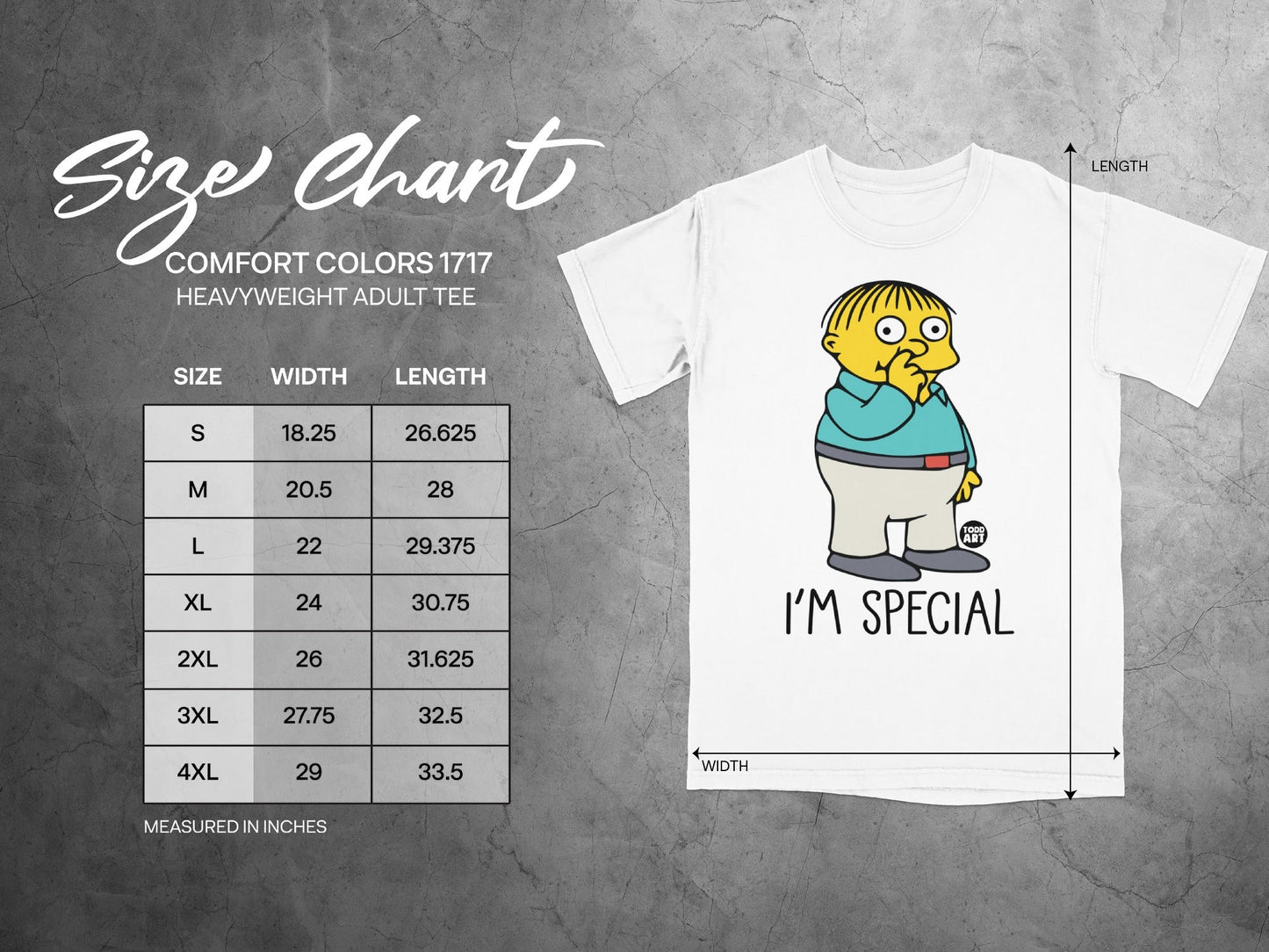 Comfort Colors 1717 heavyweight adult tee size chart with Ralph Wiggum saying "I'm Special".