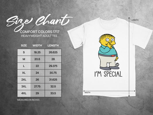 Comfort Colors 1717 heavyweight adult tee size chart with Ralph Wiggum saying "I'm Special".