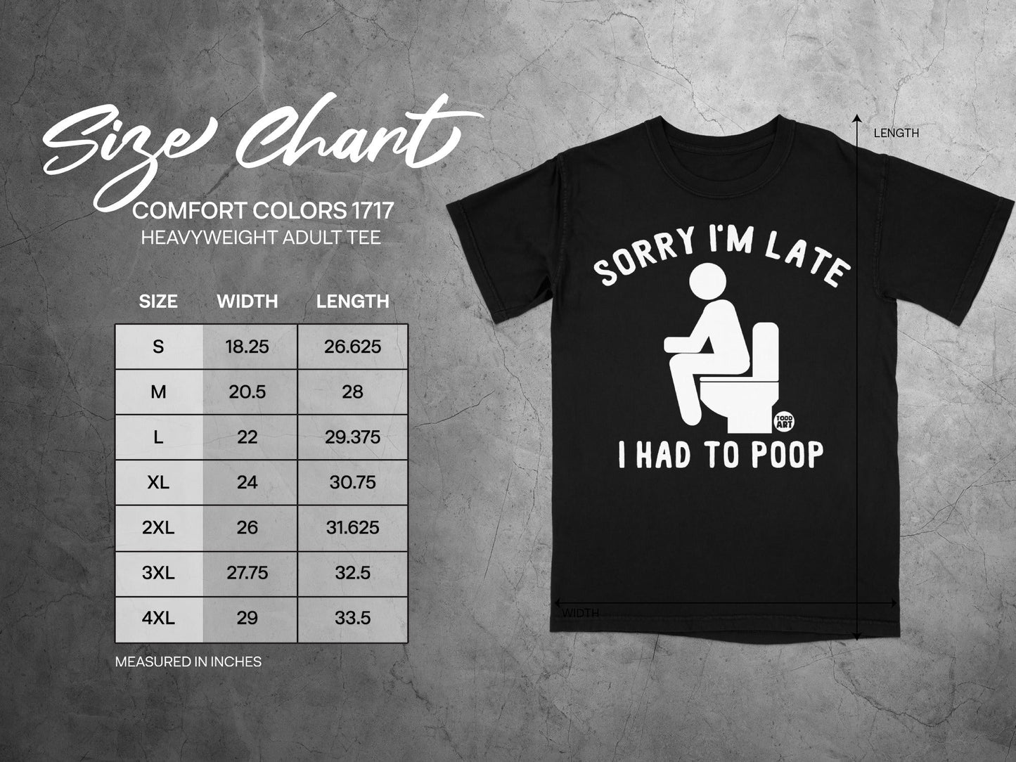 Size chart for Comfort Colors 1717 heavyweight adult tee with t-shirt graphic.