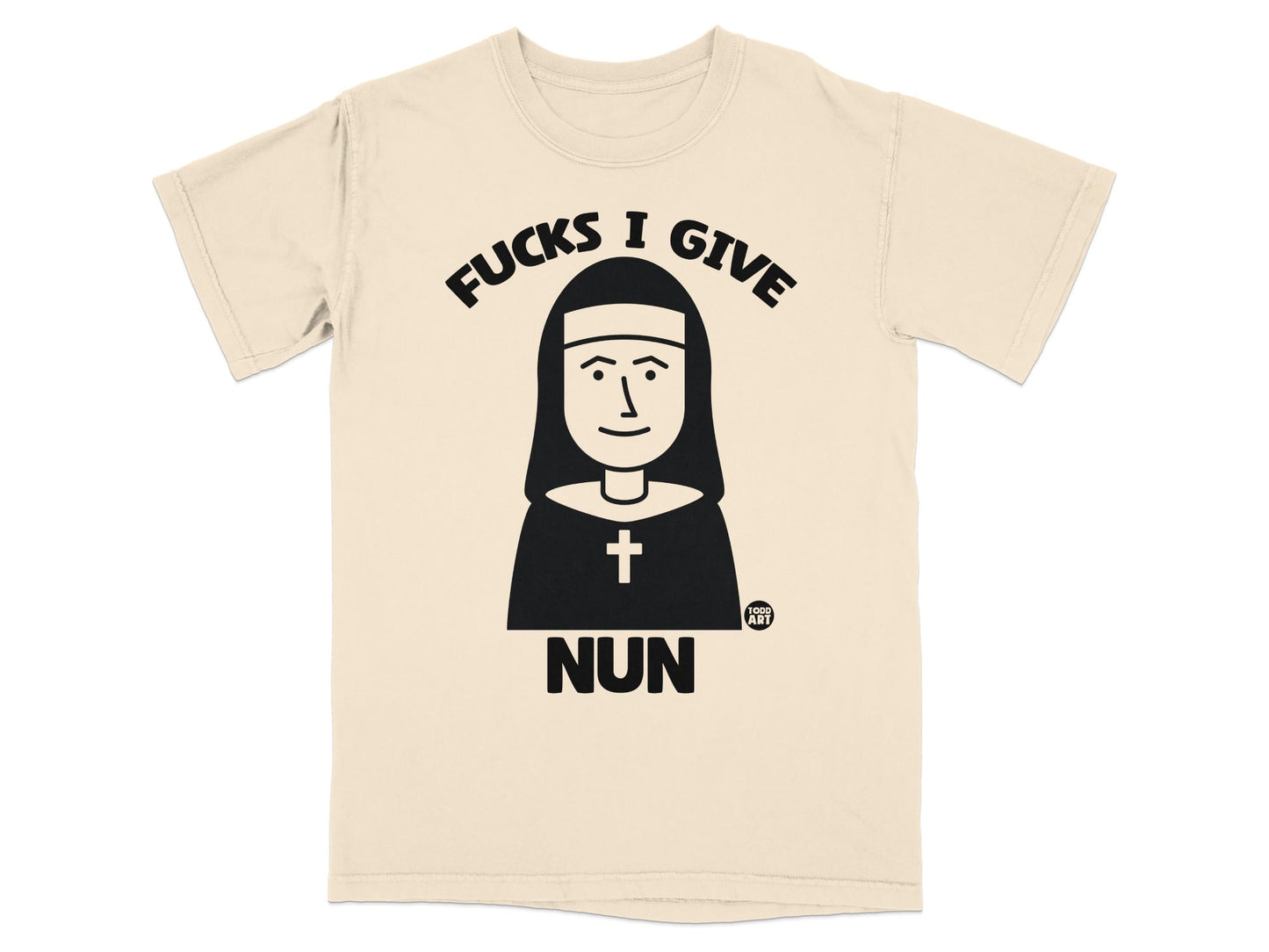 Cream t-shirt with "FUCKS I GIVE NUN" text and a nun illustration.