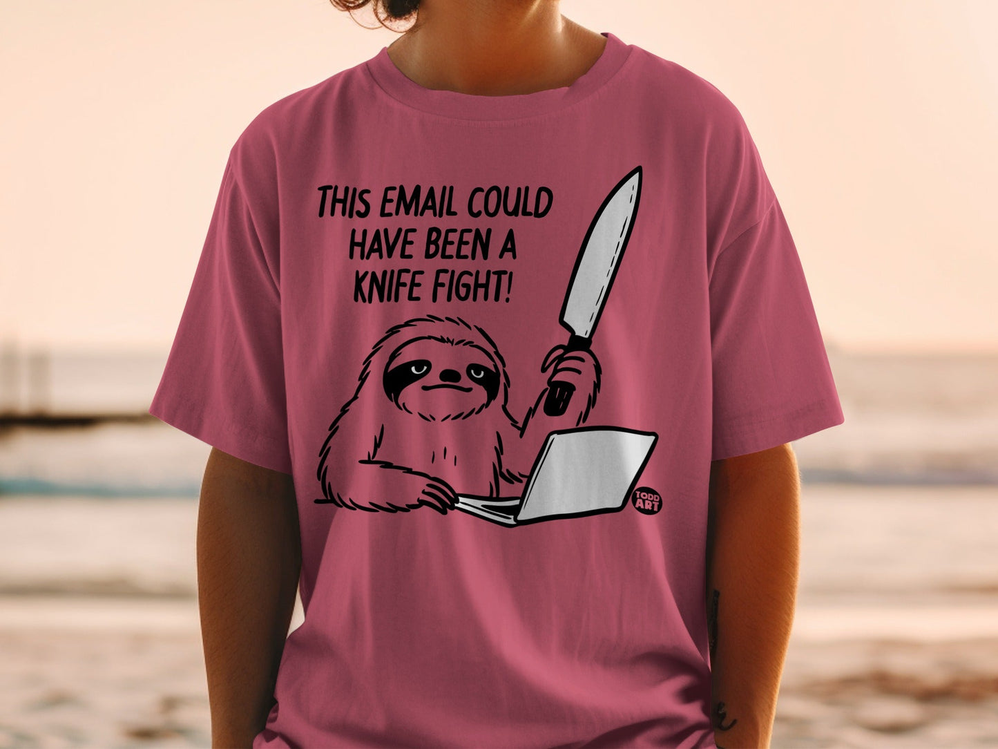 Sloth with knife at laptop, text "THIS EMAIL COULD HAVE BEEN A KNIFE FIGHT".