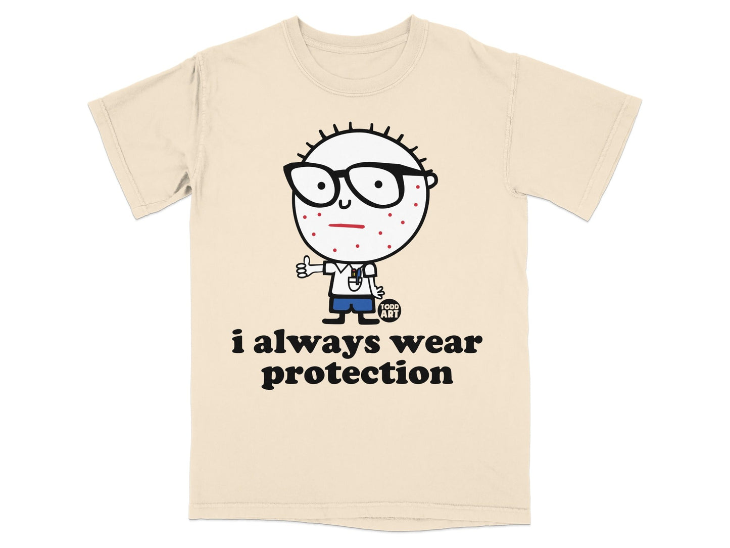 T-shirt with cartoon character wearing glasses and "i always wear protection" text.