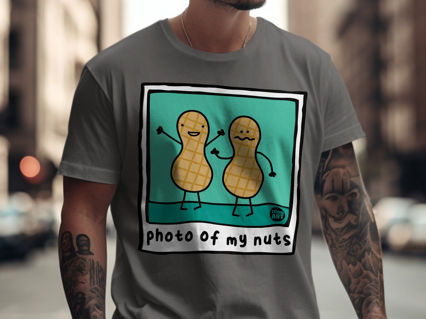 Two cartoon peanuts with smiling and worried expressions in a framed illustration.