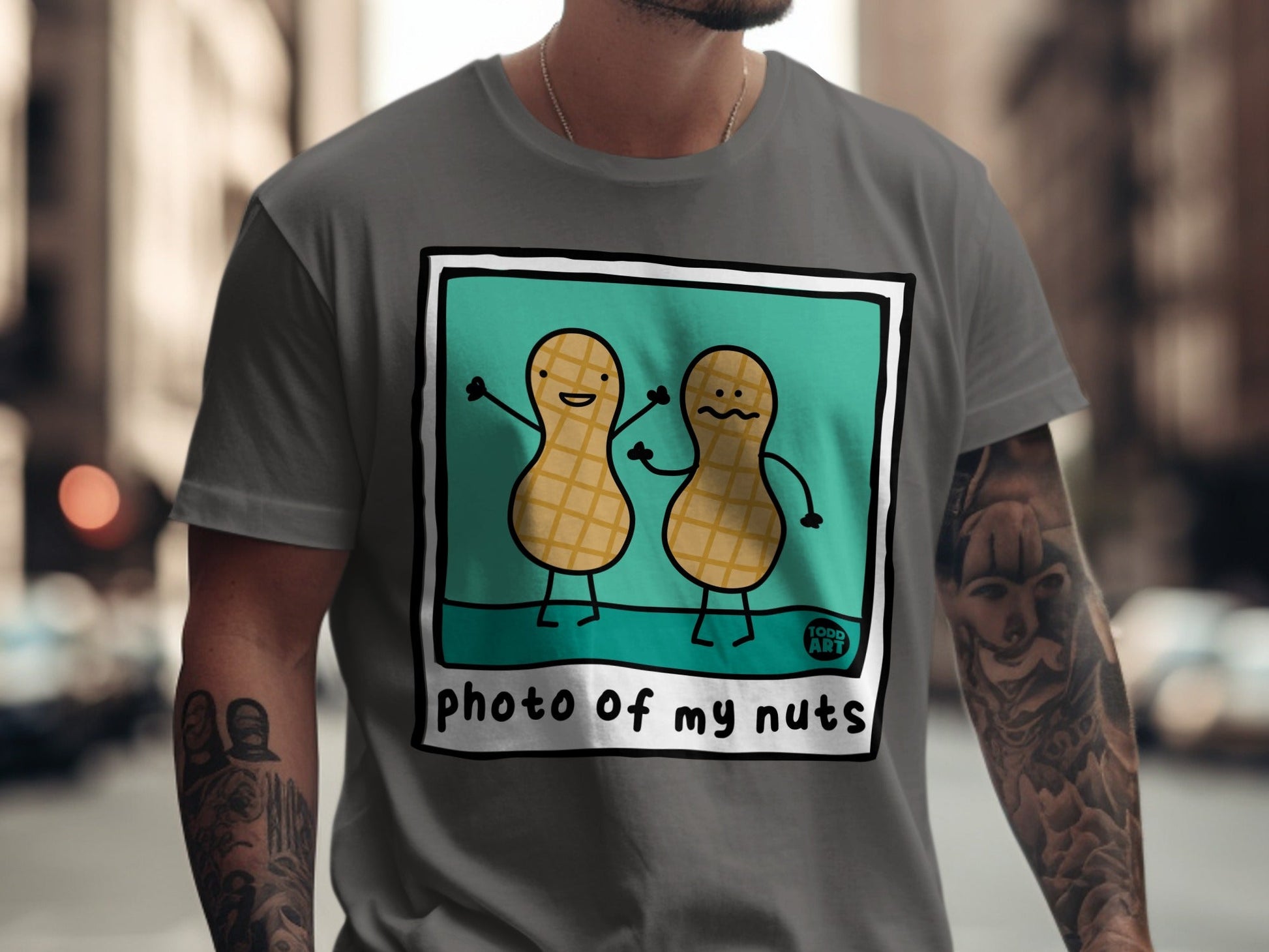 Two cartoon peanuts with smiling and worried expressions in a framed illustration.