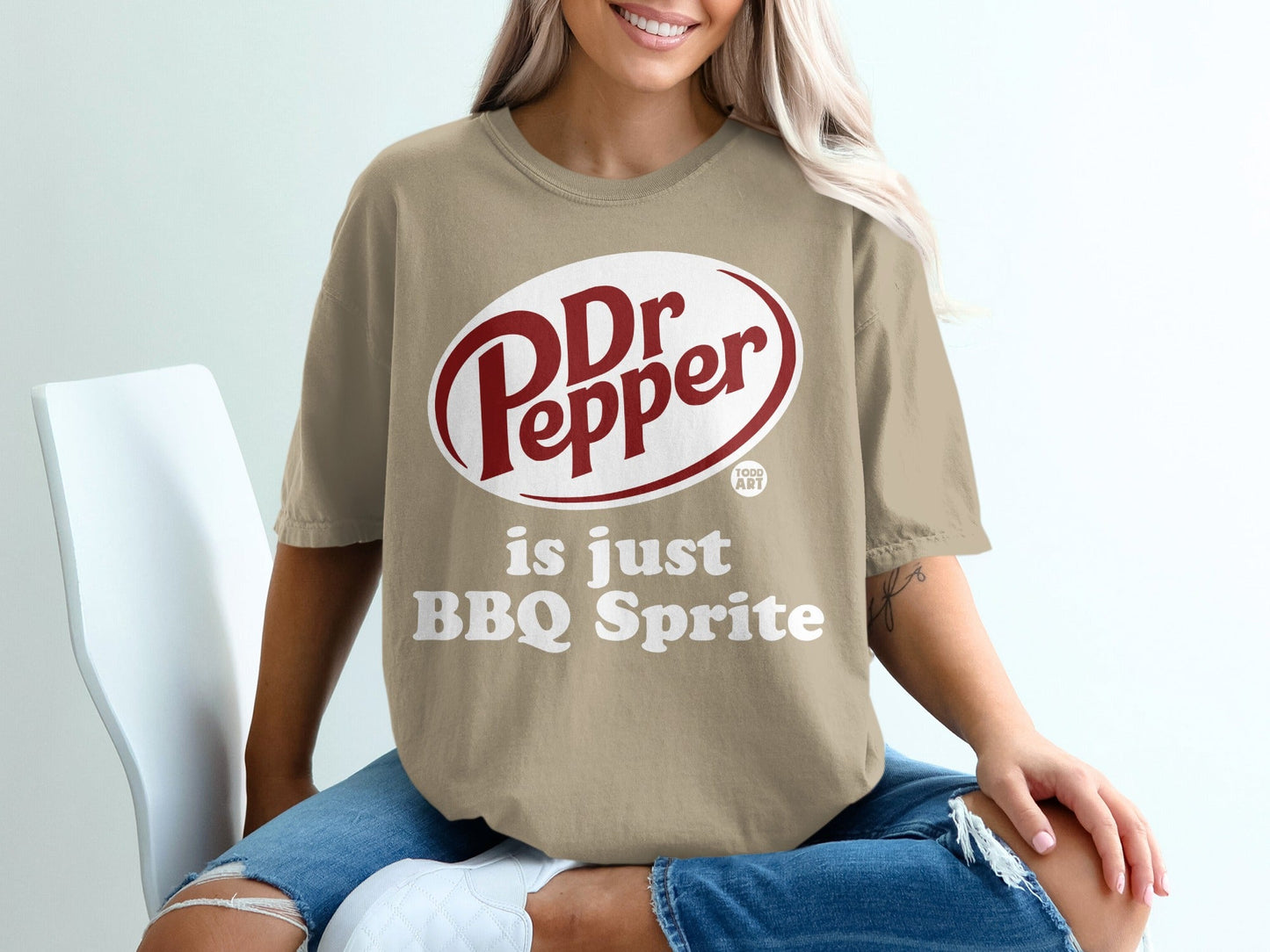 Tan t-shirt with Dr. Pepper logo and "is just BBQ Sprite" text.