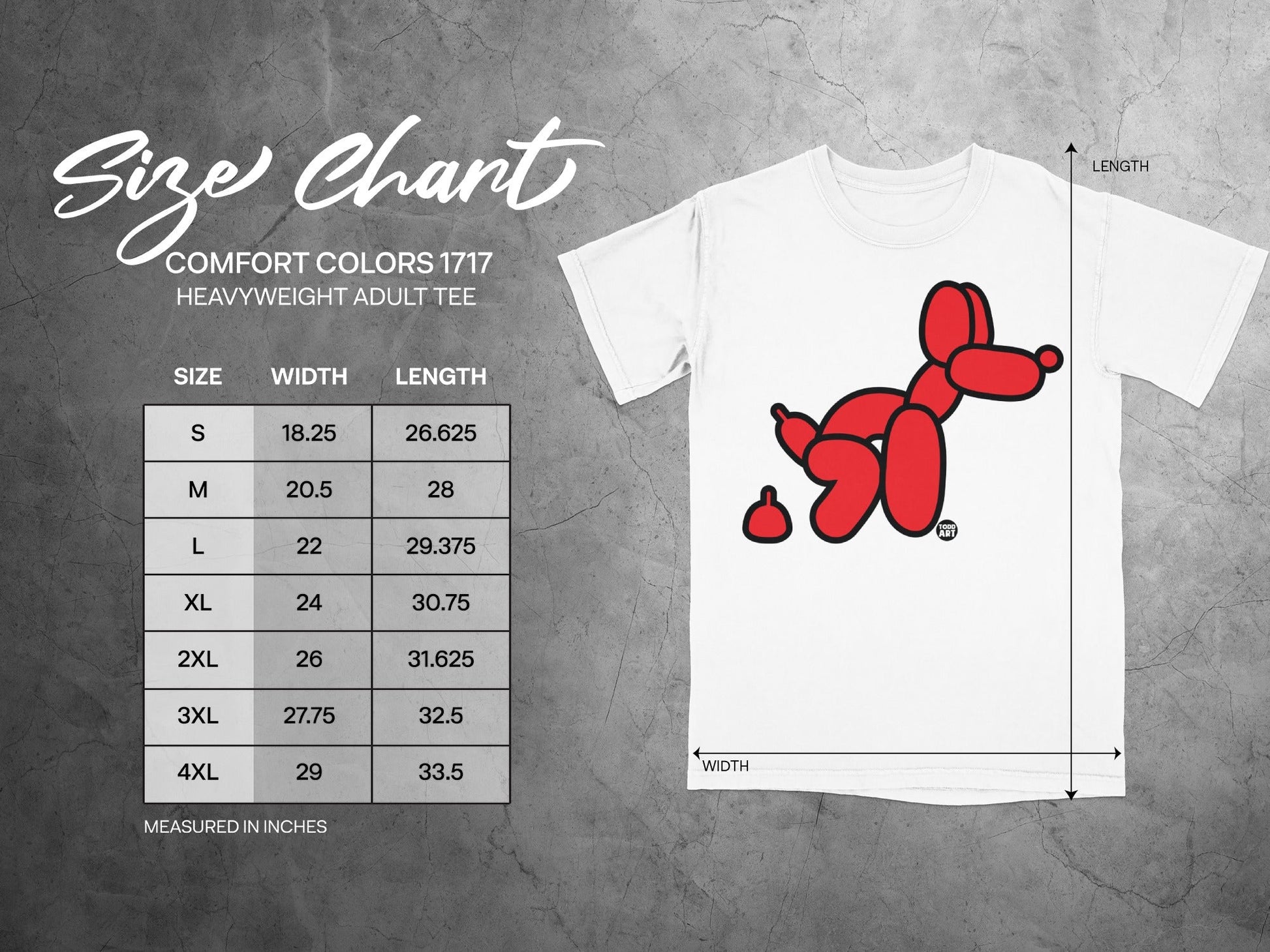 Comfort Colors 1717 heavyweight adult tee size chart with balloon dog graphic.