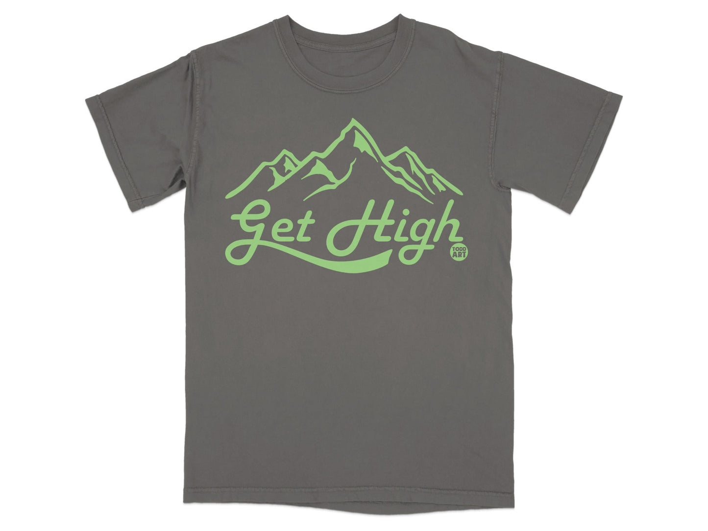 Gray t-shirt with neon green "Get High" text and mountain graphic.
