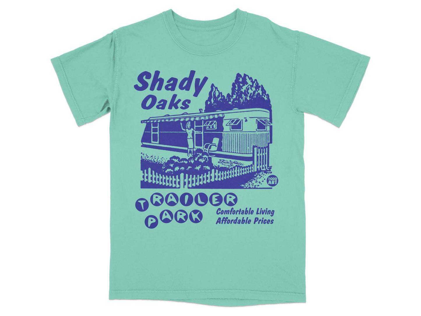 Teal t-shirt with vintage Shady Oaks Trailer Park graphic and text.