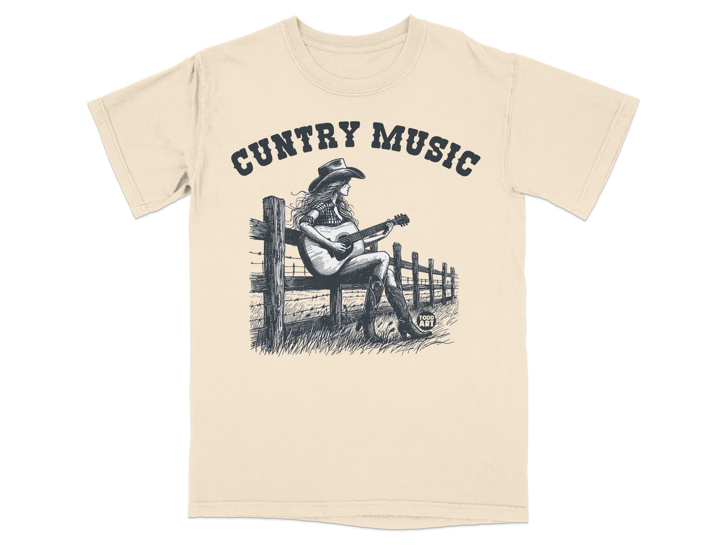 "Cuntry Music" graphic of a woman with a guitar sitting on a fence.