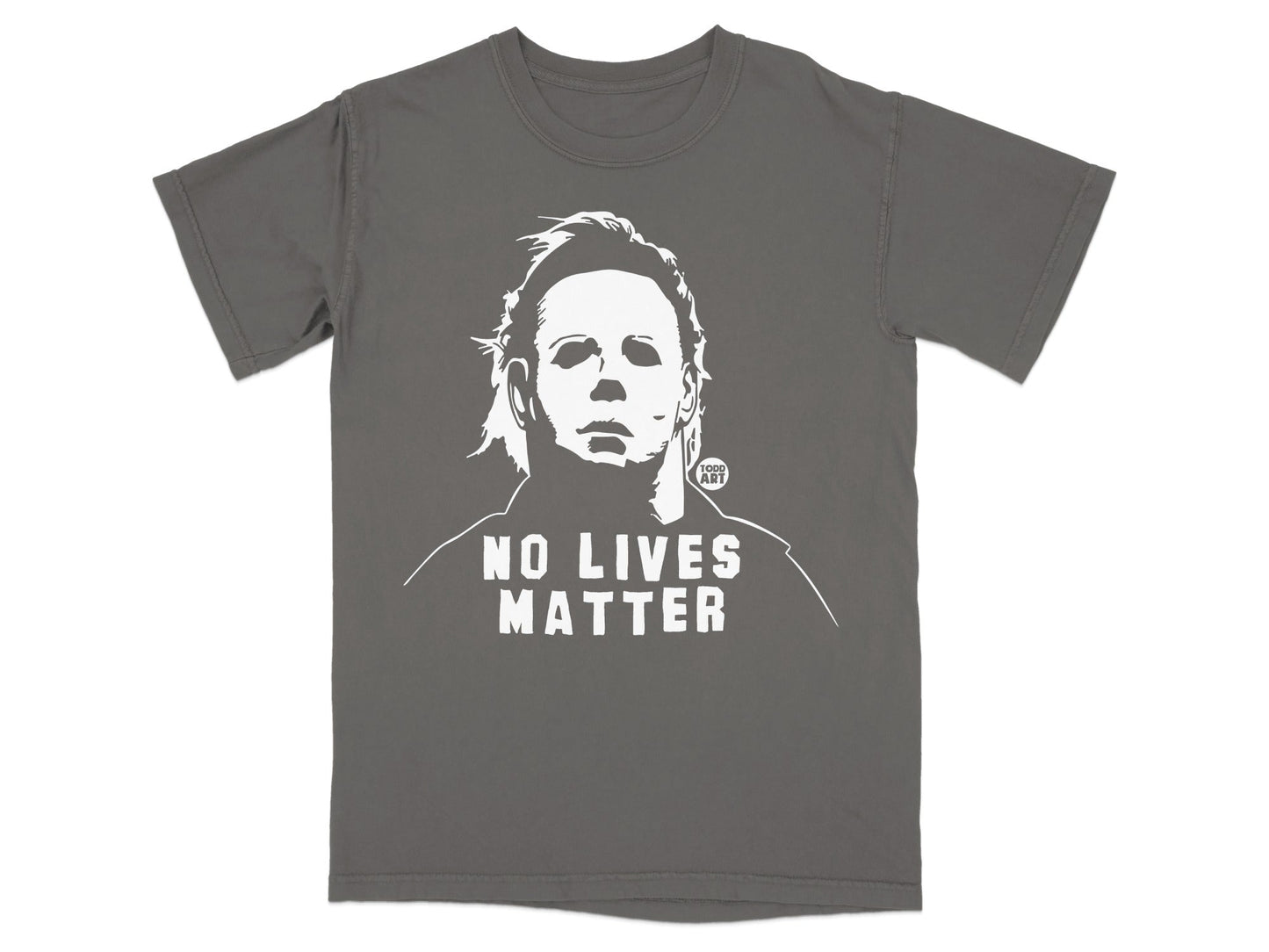 Dark gray t-shirt with Michael Myers graphic and "NO LIVES MATTER" text.