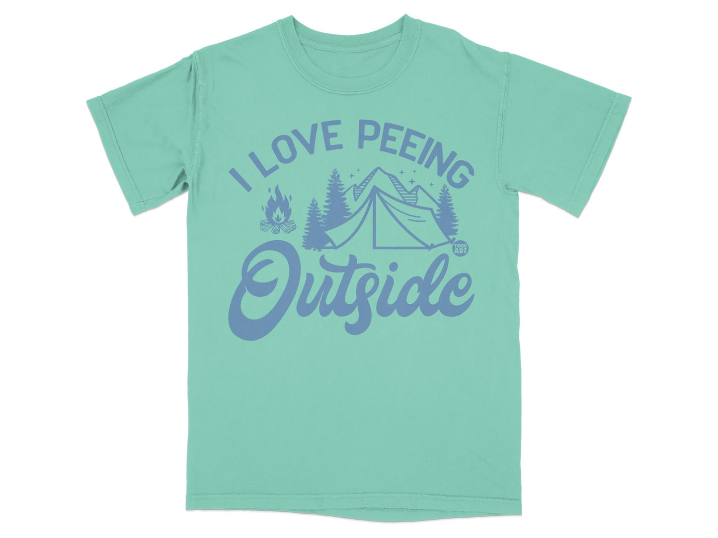 Aqua t-shirt with "I Love Peeing Outside" graphic and tent illustration.