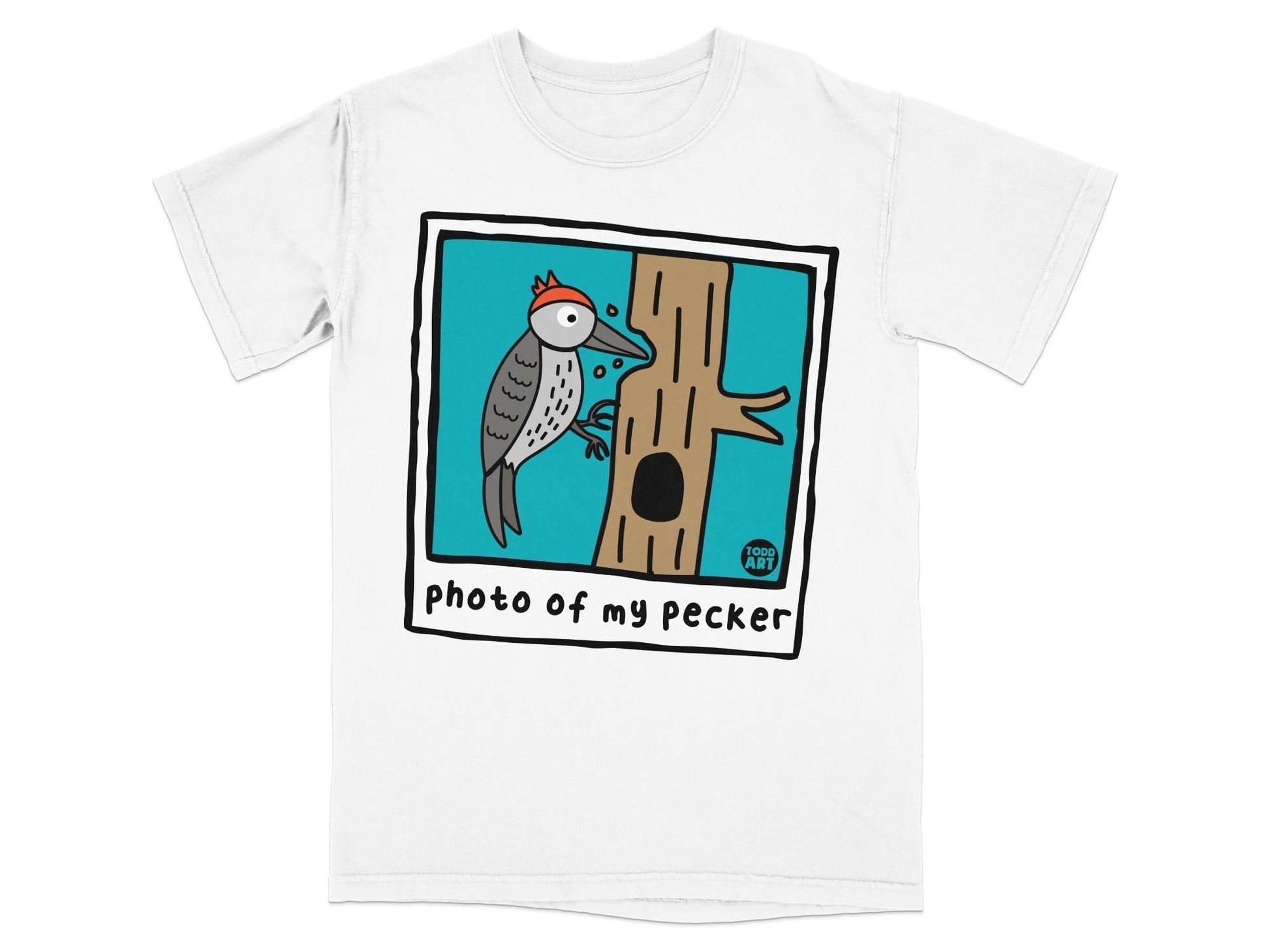 Woodpecker on a tree, "photo of my pecker" text.