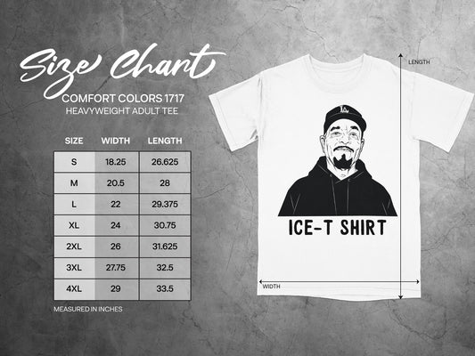 Ice-T t-shirt size chart with measurements in inches.