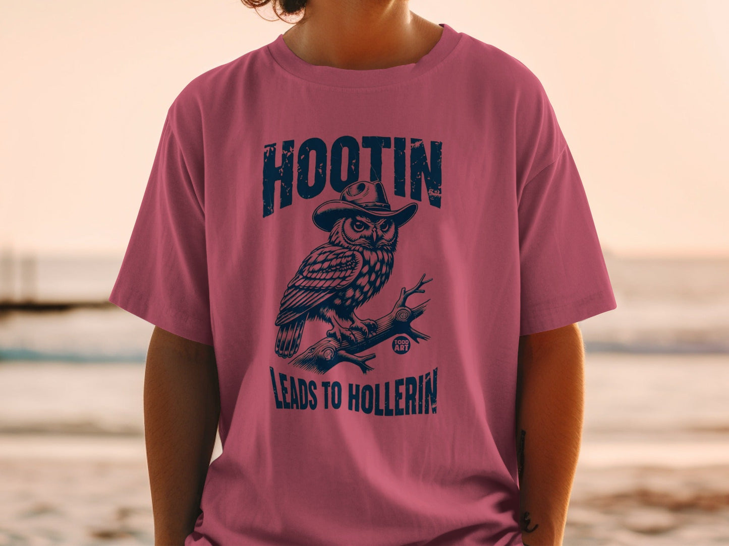 T-shirt with owl wearing a cowboy hat, text "HOOTIN' LEADS TO HOLLERIN'".