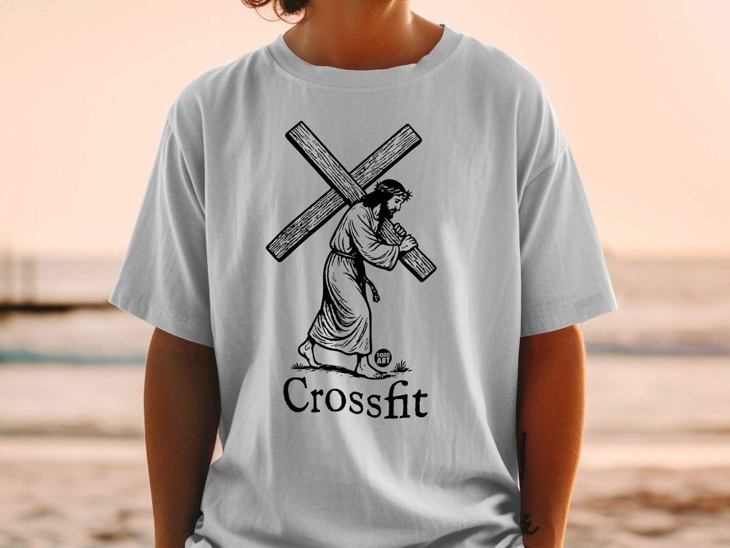 Jesus carrying the cross with "Crossfit" text.