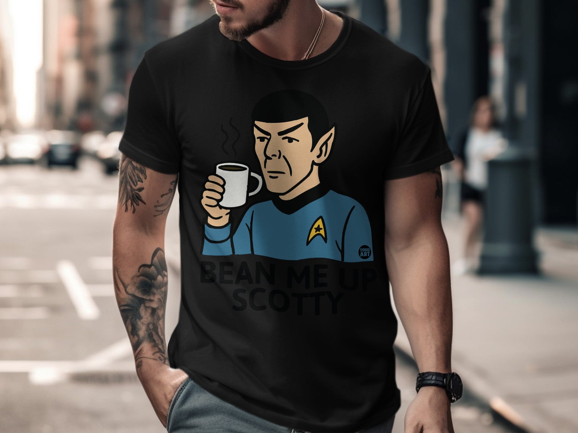 Bean Me Up Scotty Fun Graphic Tee for Coffee Lovers