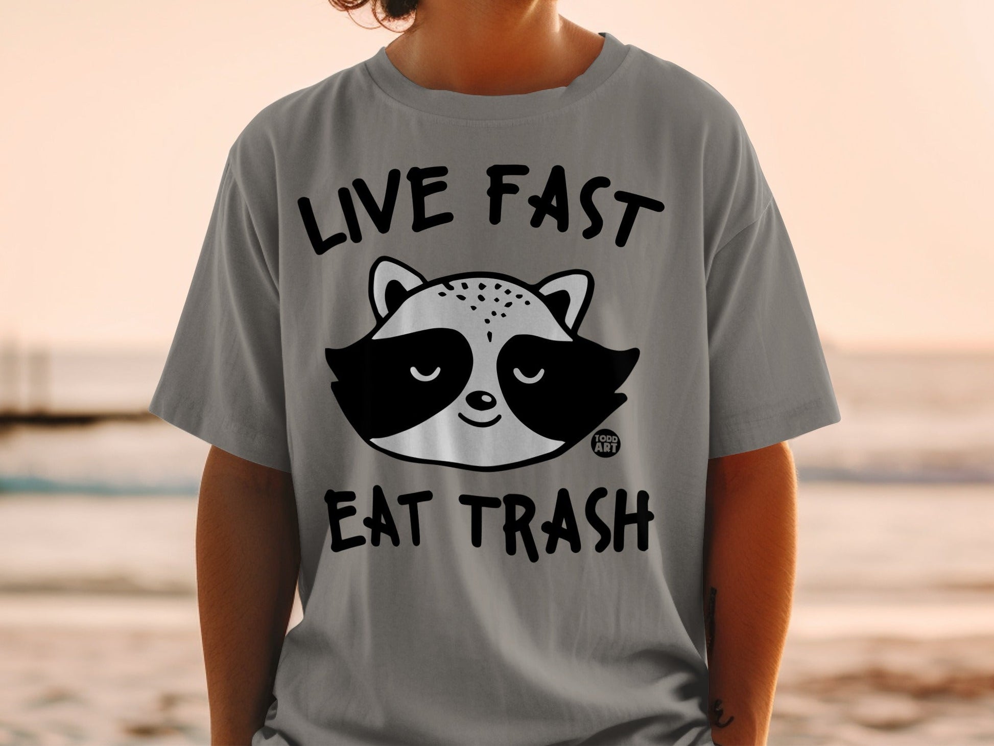 Gray t-shirt with a raccoon graphic and text "LIVE FAST EAT TRASH".