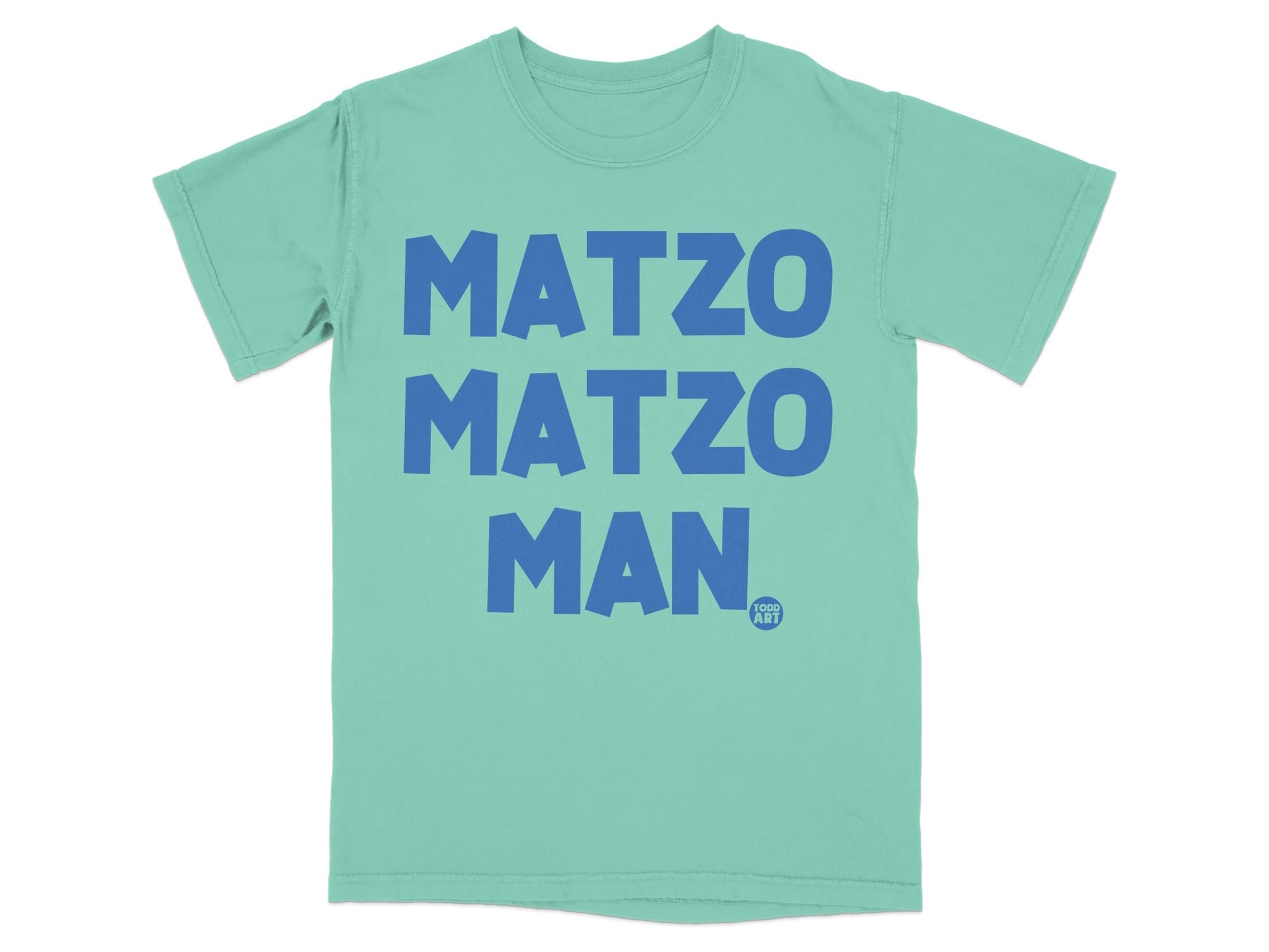 Teal t-shirt with "MATZO MATZO MAN" in bold blue letters.