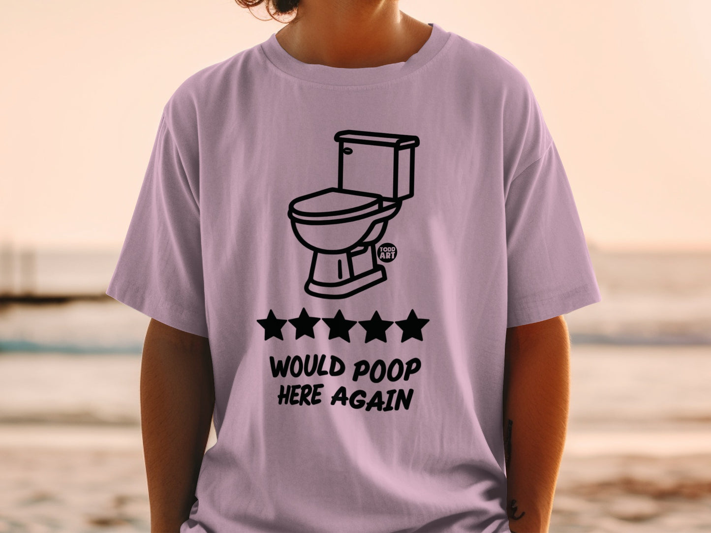 Toilet graphic with five stars and text "Would Poop Here Again" on t-shirt.