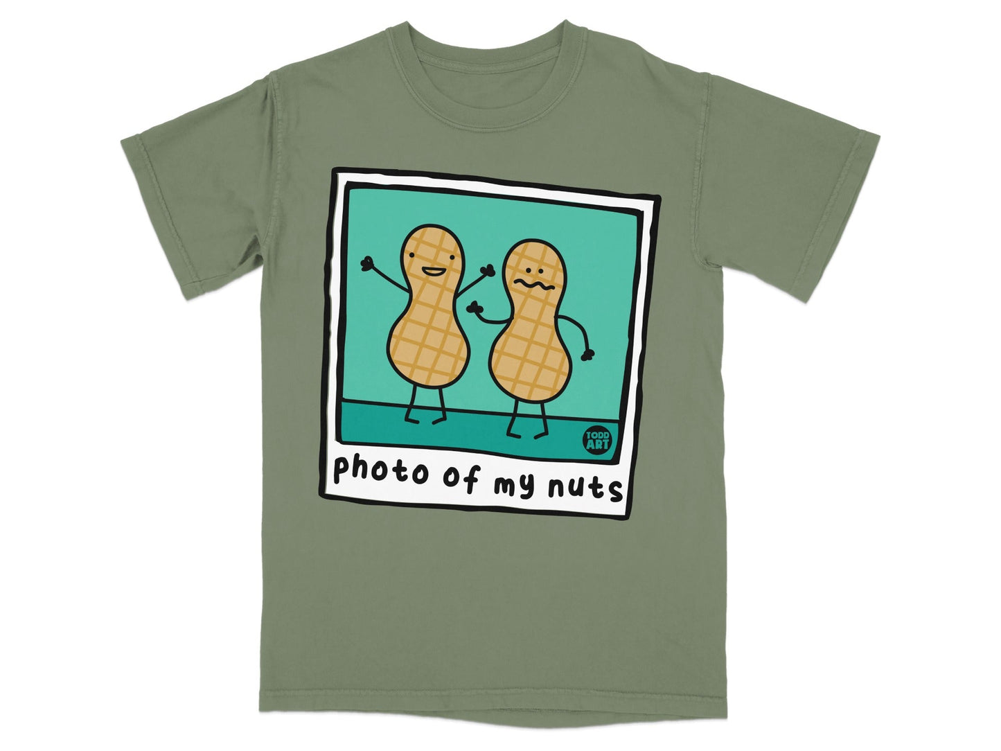 Two peanuts with faces and text "photo of my nuts" on a t-shirt.