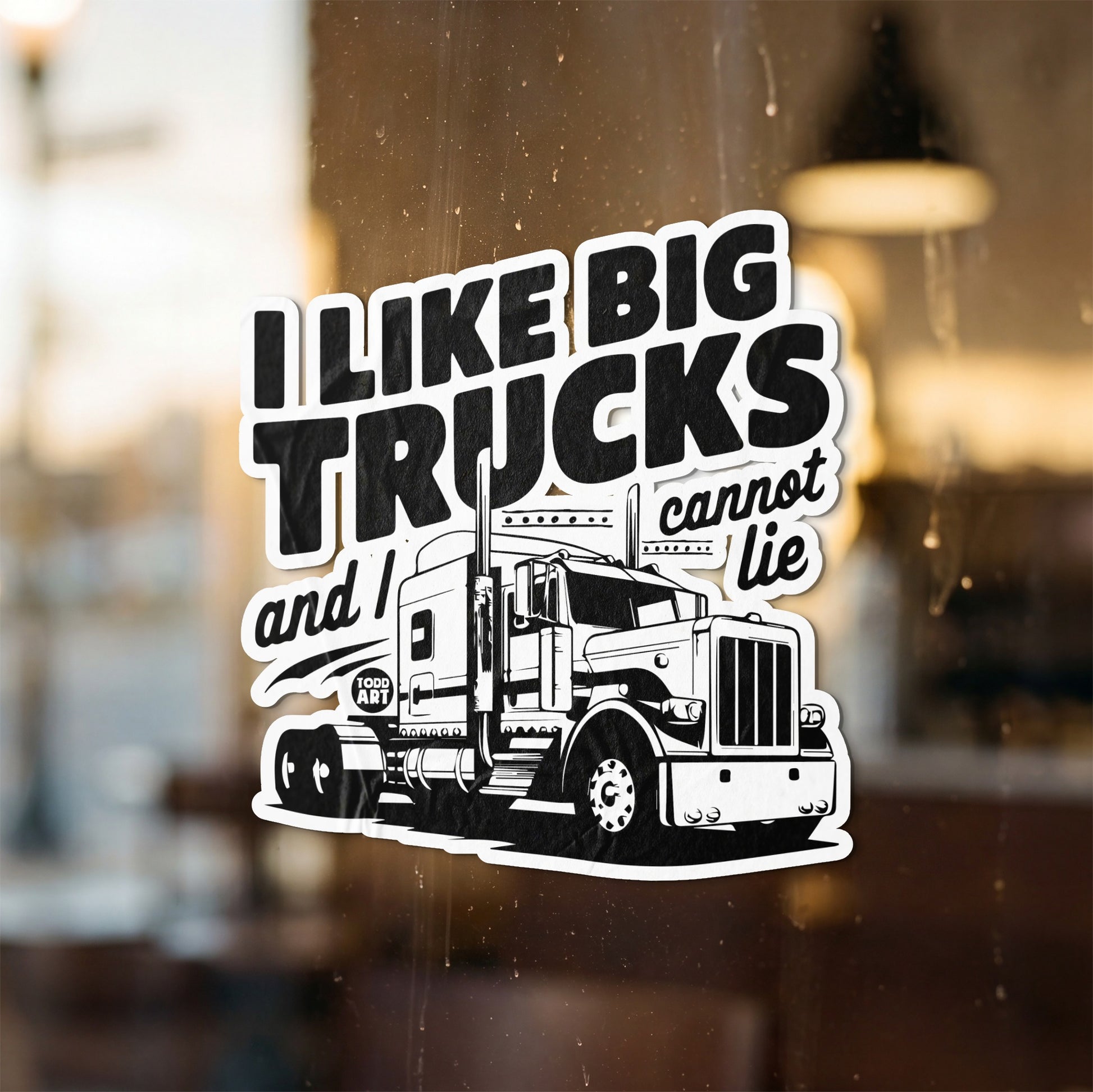Sticker with text "I LIKE BIG TRUCKS and I cannot lie" and a semi-truck graphic.