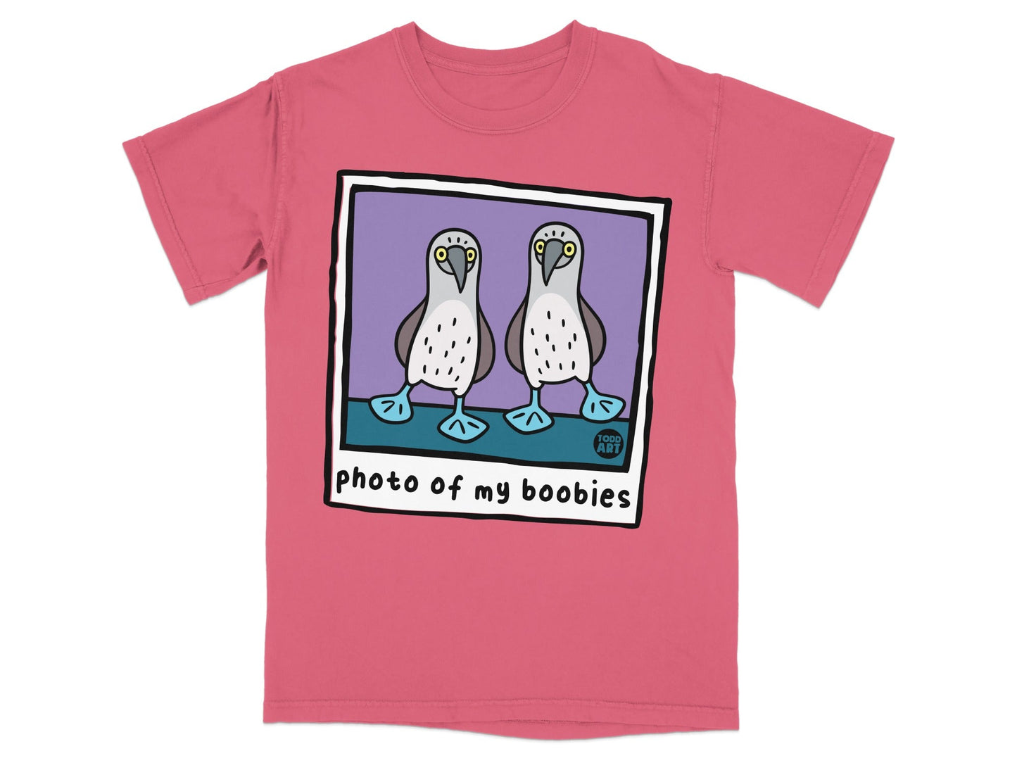 Two cartoon boobies stand on a purple background, text below reads "photo of my boobies".