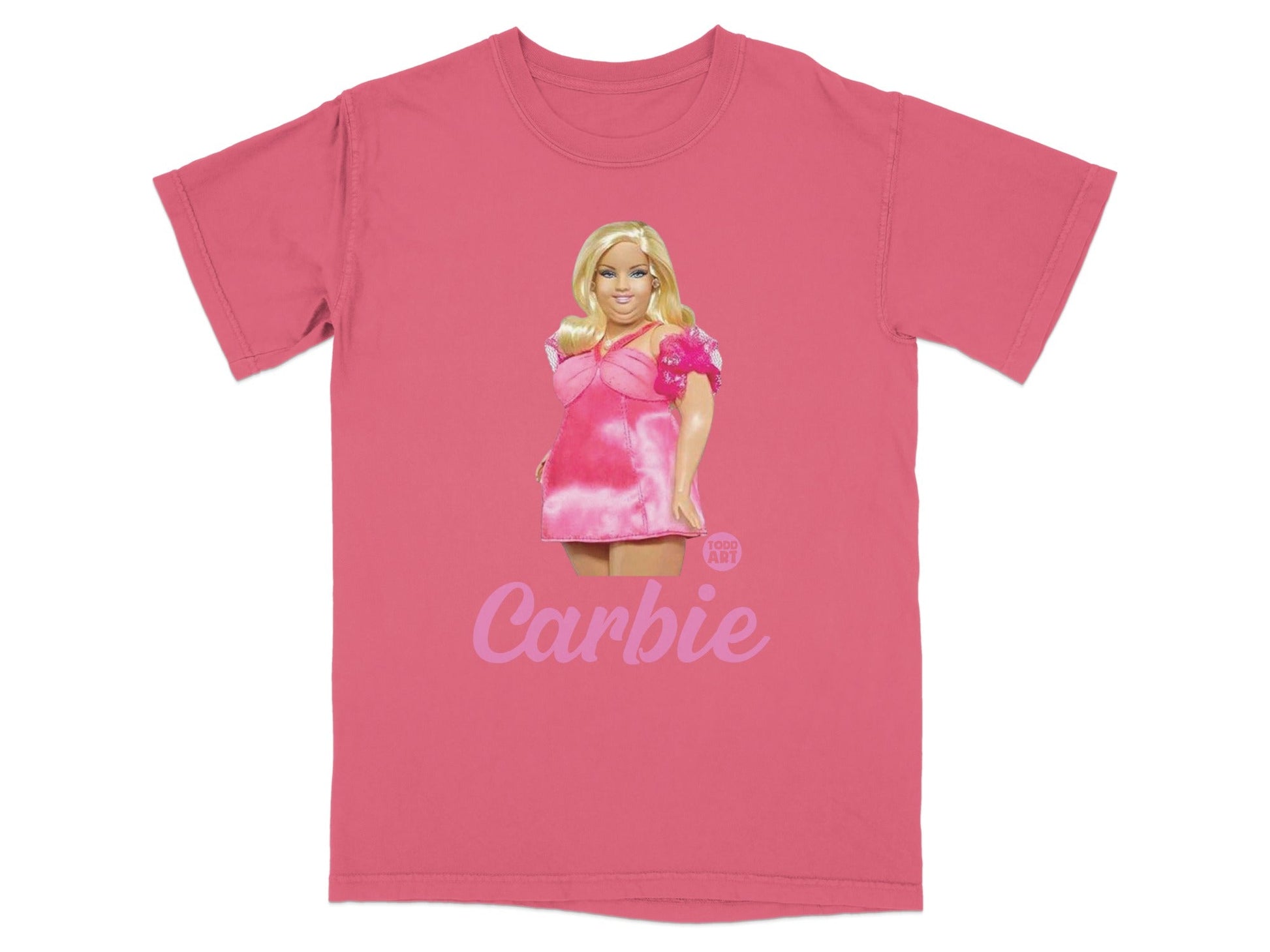 Pink t-shirt with Barbie graphic and "Carbie" text.
