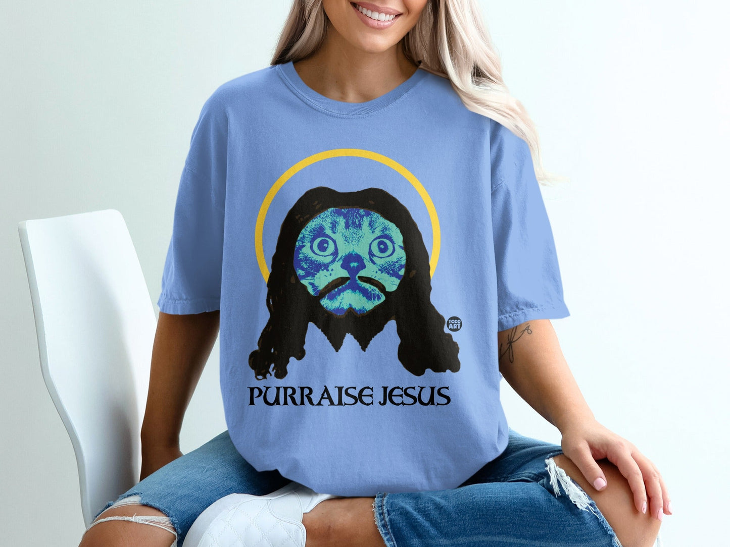 Purraise Jesus Cat Graphic Blue Oversized T-Shirt