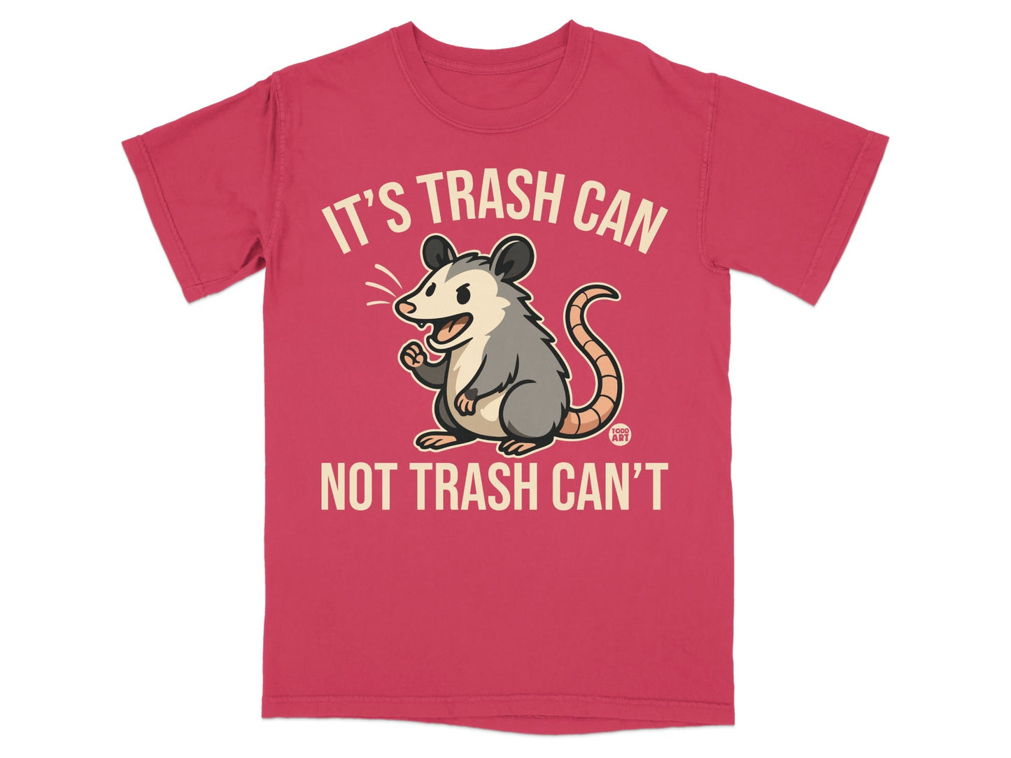 T-shirt with cartoon possum and "It's trash can, not trash can't" text.
